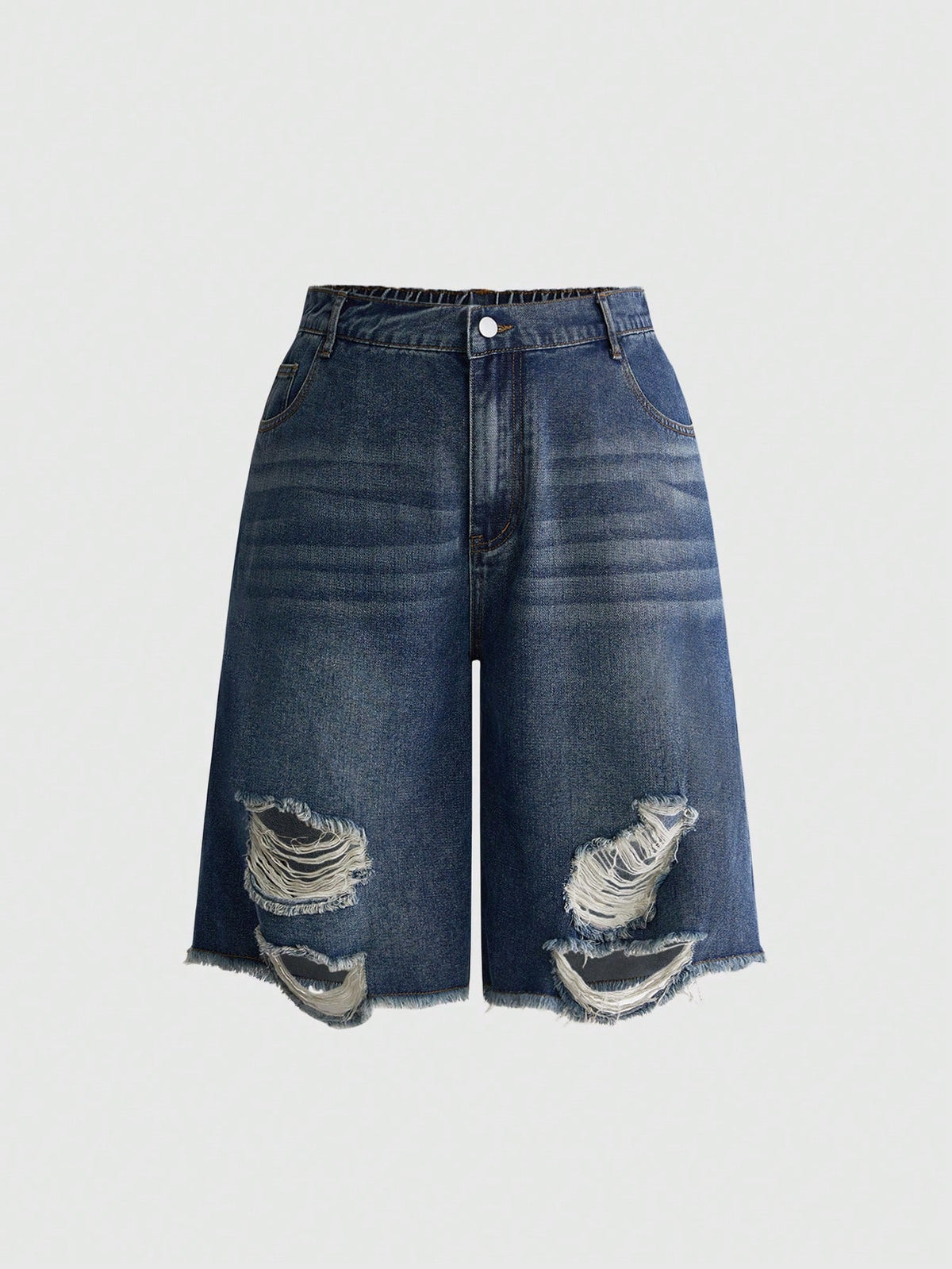 Women's loose wide-leg denim Bermuda shorts featuring vintage animal and paisley print with pockets and zipper fly.