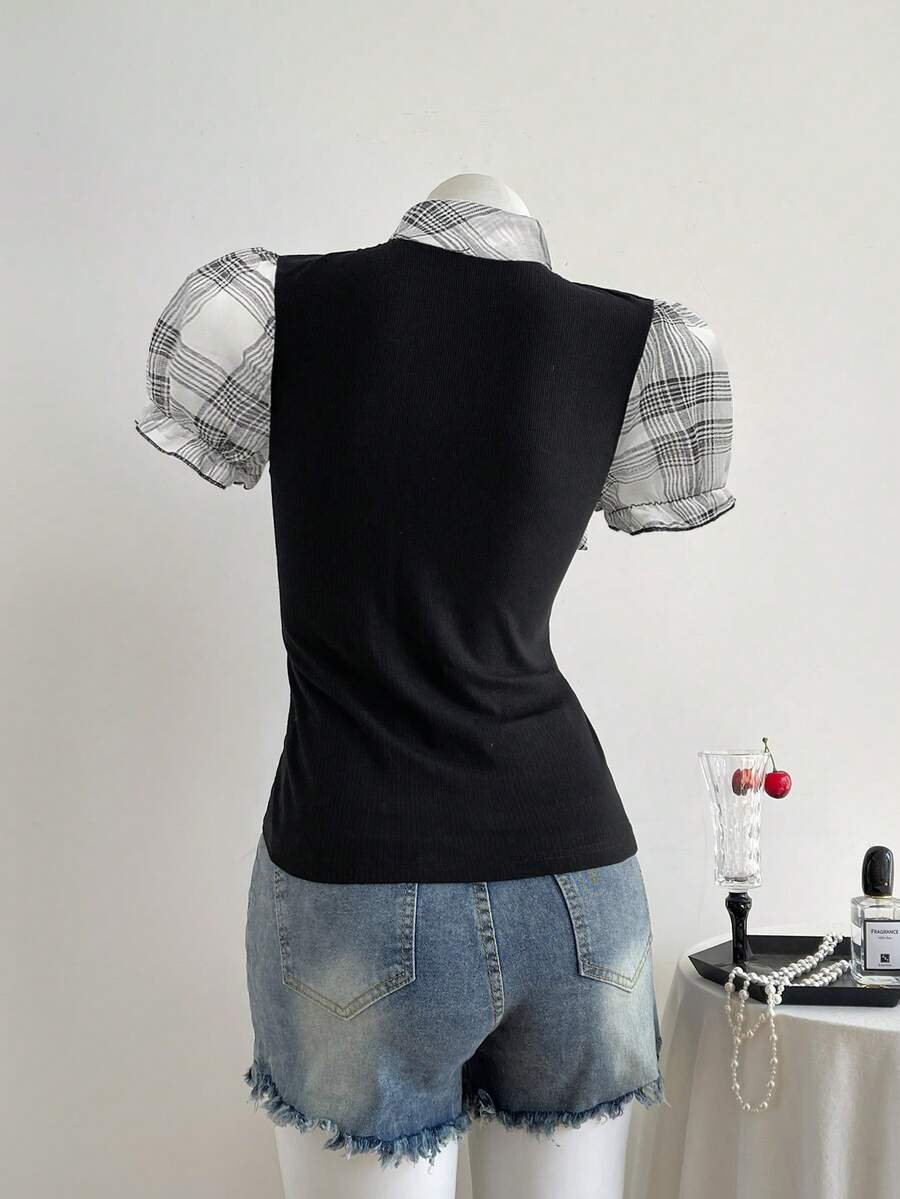 Women's slim fit short sleeve t-shirt featuring puff sleeves, Queen Anne neckline, tie-up front knot, frill detail, and raw hem.