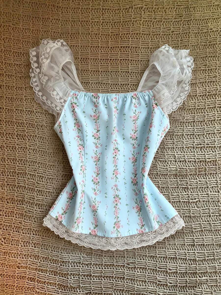 Vintage ditsy floral print sleeveless women's blouse with square neck, ruffle trim, and slim fit style.