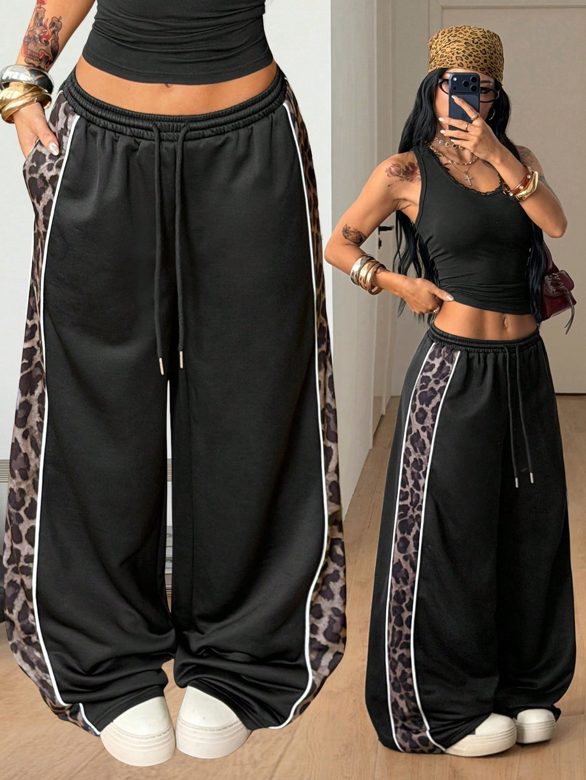 Women's wide leg trousers with a tree branch graphic pattern, loose fit, and mid-rise waist in woven fabric.