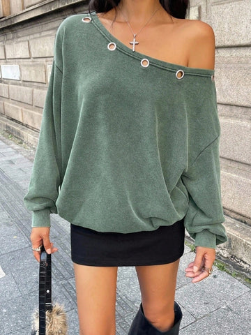 Women's sage green asymmetrical shoulder sweatshirt with button eyelet detail, drop shoulder long sleeves, and a loose casual fit.