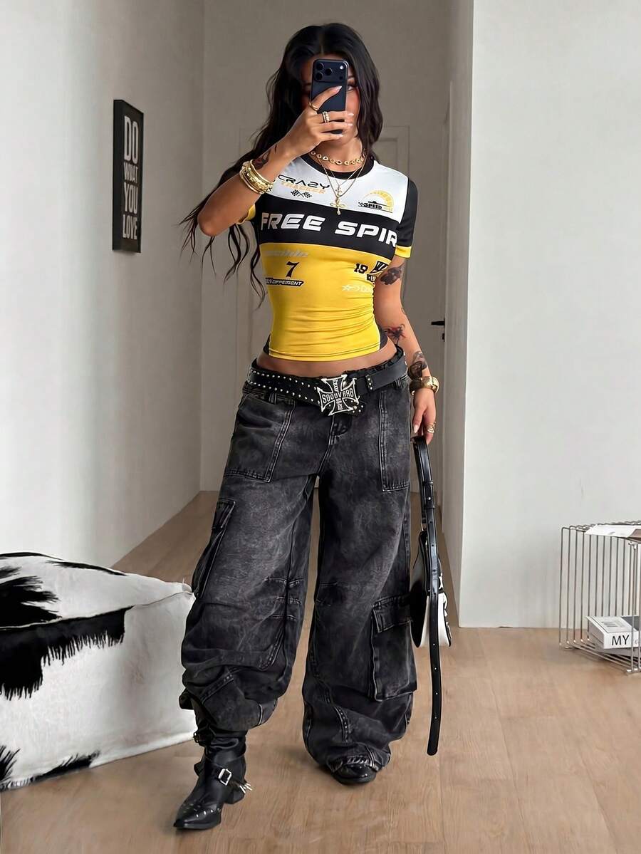 Women's slim fit short sleeve graphic T-shirt in yellow featuring a round neckline with contrast binding