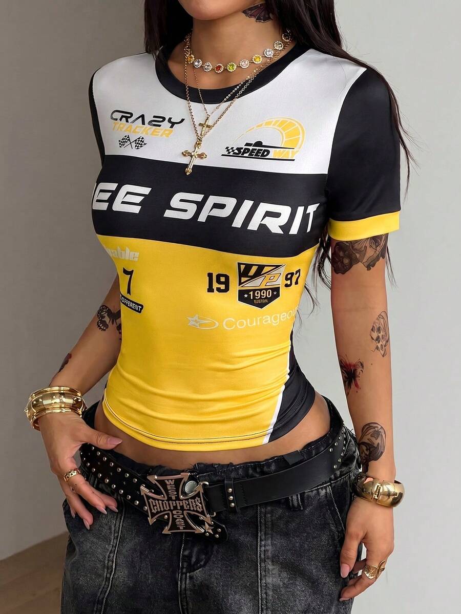 Women's slim fit short sleeve graphic T-shirt in yellow featuring a round neckline with contrast binding