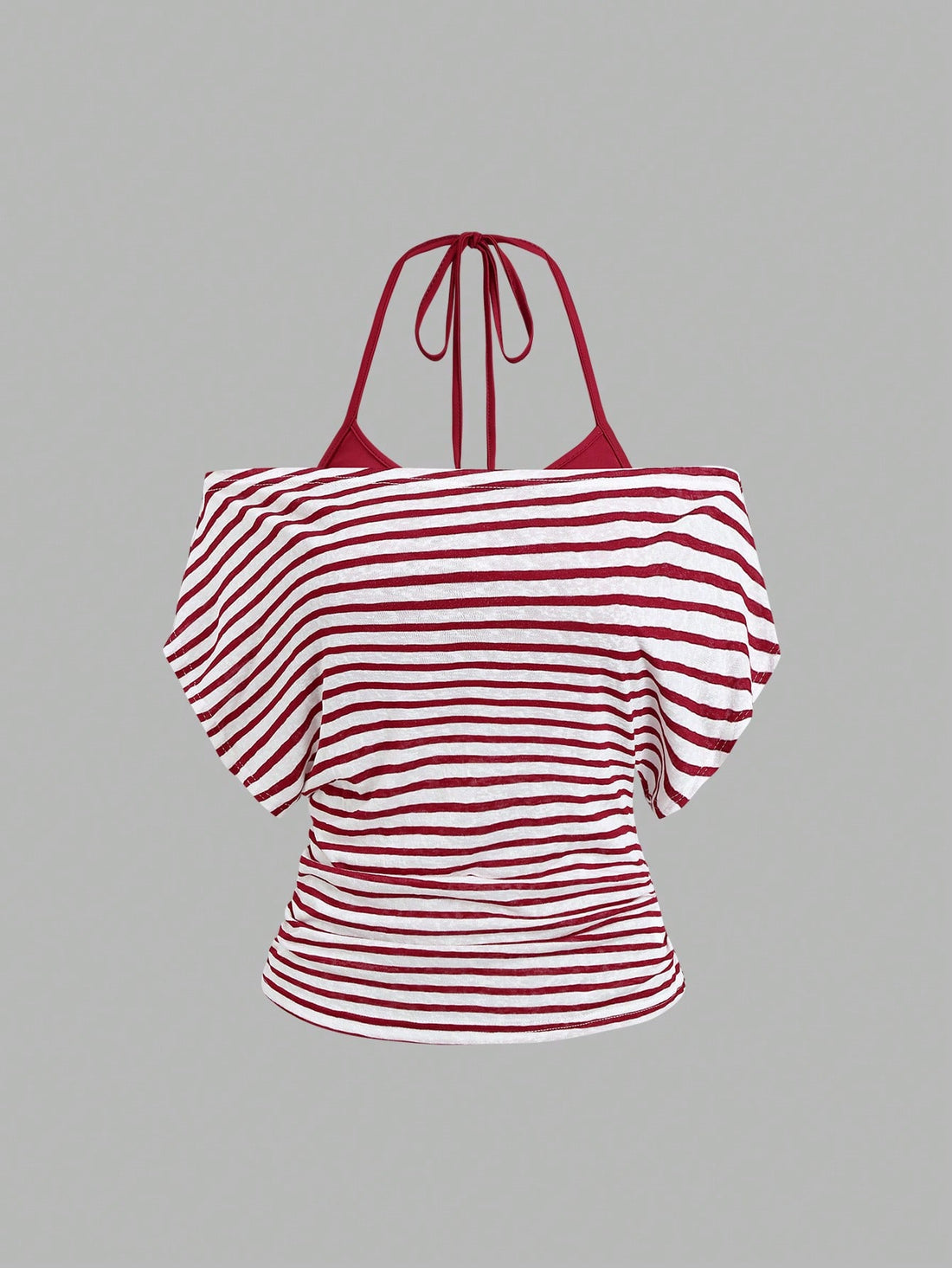Women's striped tank top featuring an asymmetrical cold shoulder neckline and semi-sheer back.