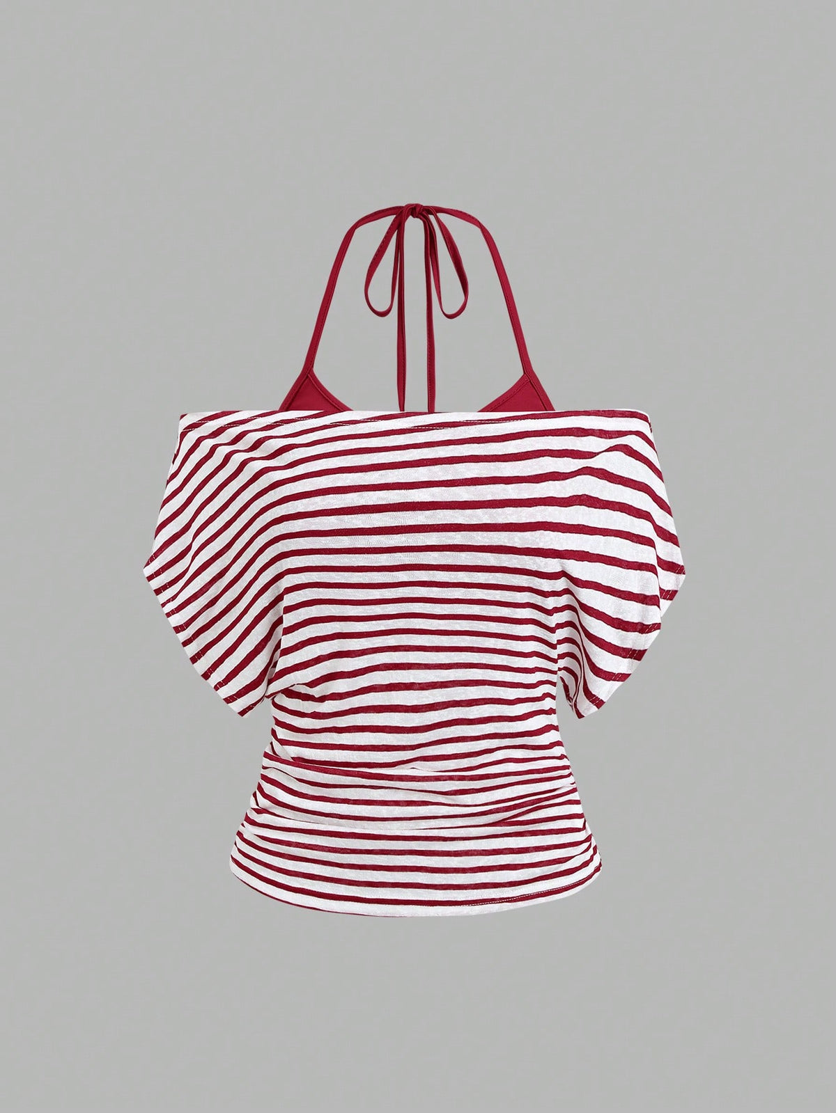 Women's striped tank top featuring an asymmetrical cold shoulder neckline and semi-sheer back.