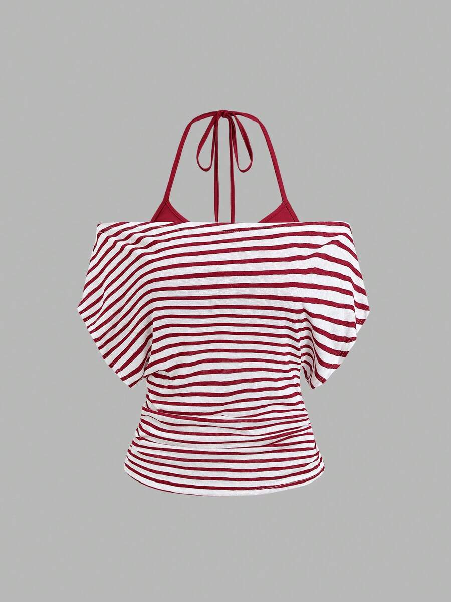 Women's striped tank top featuring an asymmetrical cold shoulder neckline and semi-sheer back.
