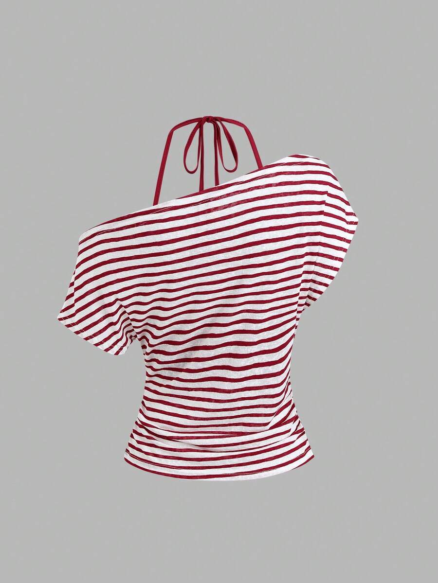 Women's striped tank top featuring an asymmetrical cold shoulder neckline and semi-sheer back.