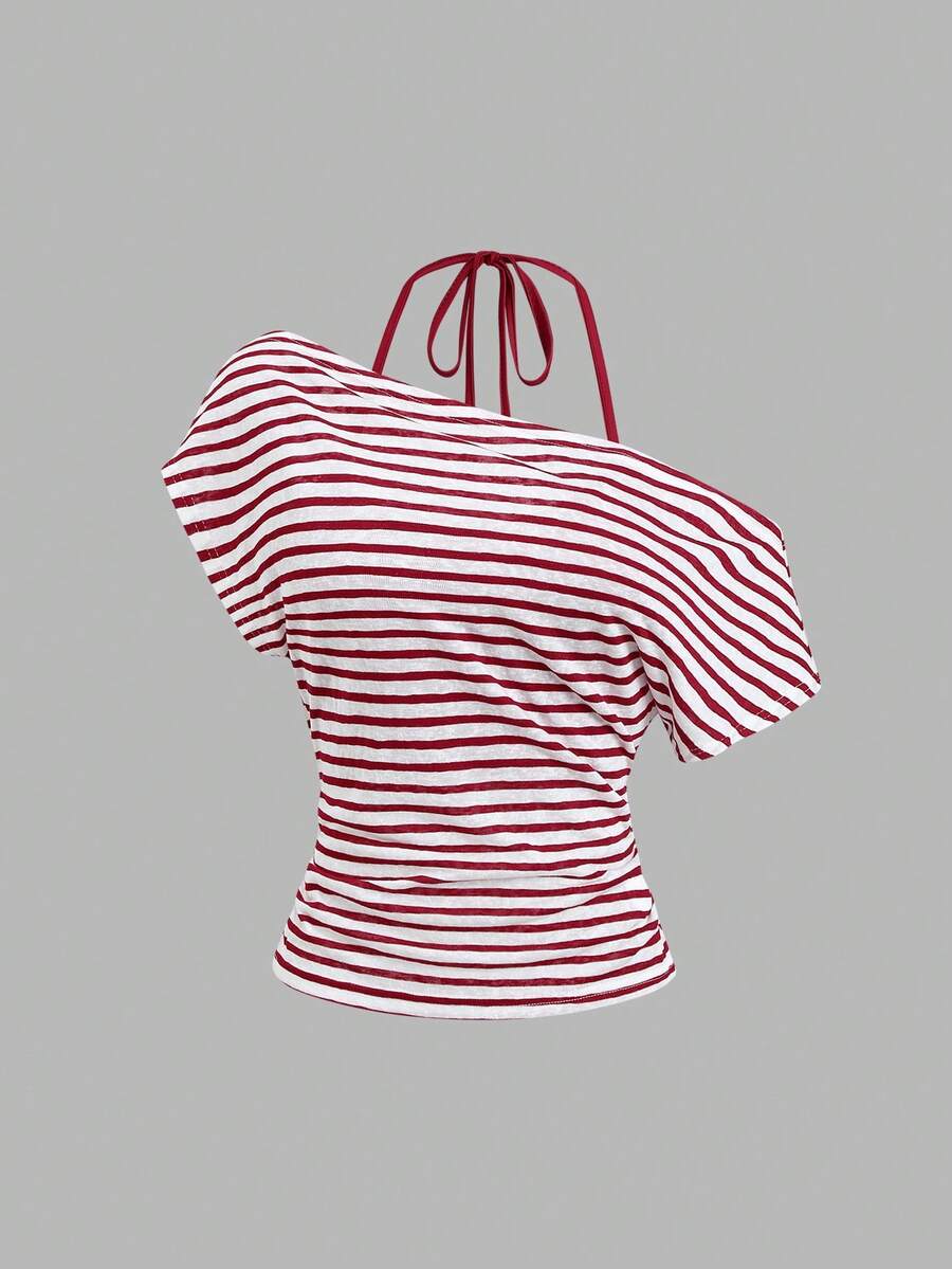 Women's striped tank top featuring an asymmetrical cold shoulder neckline and semi-sheer back.
