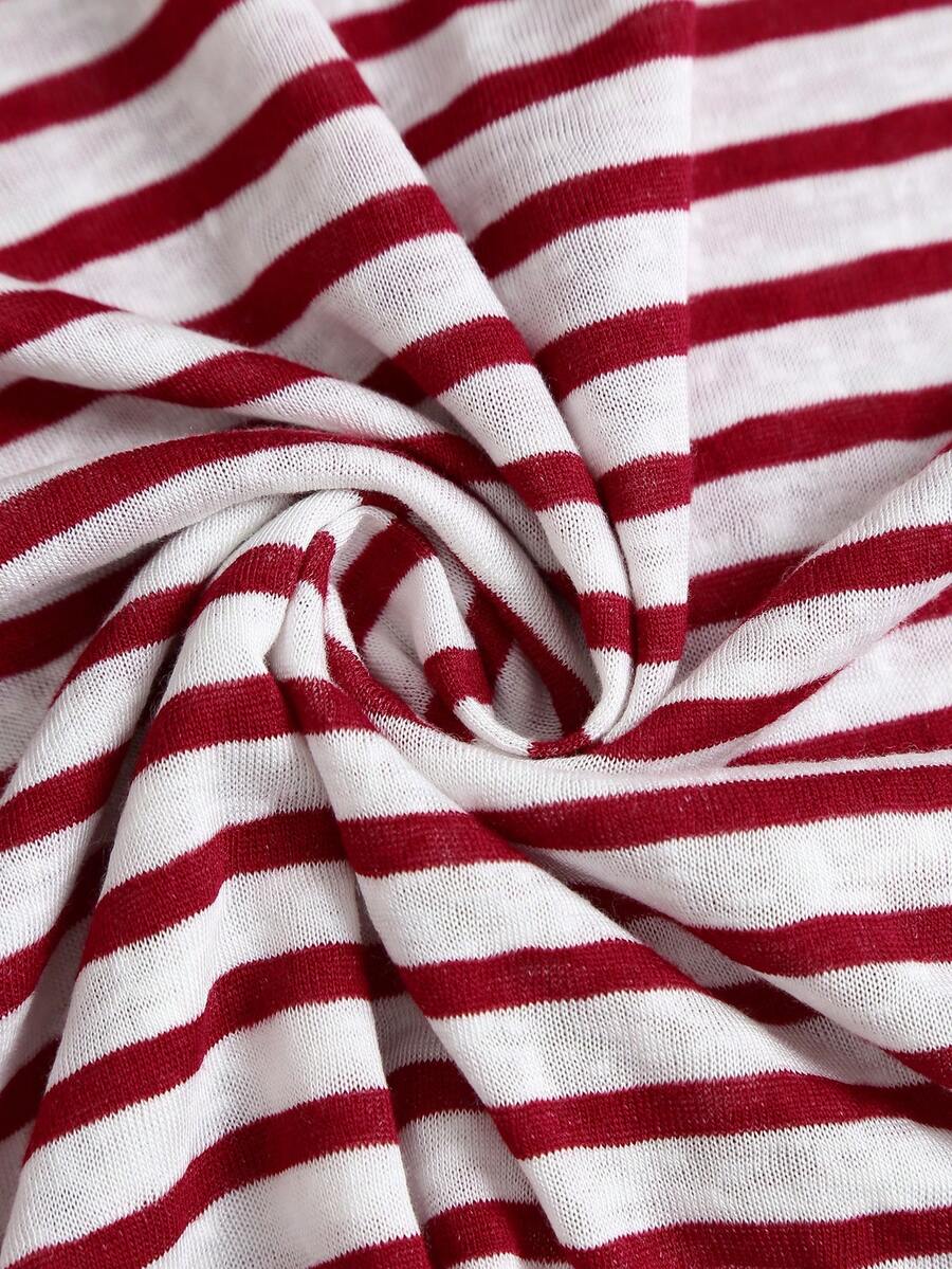 Women's striped tank top featuring an asymmetrical cold shoulder neckline and semi-sheer back.