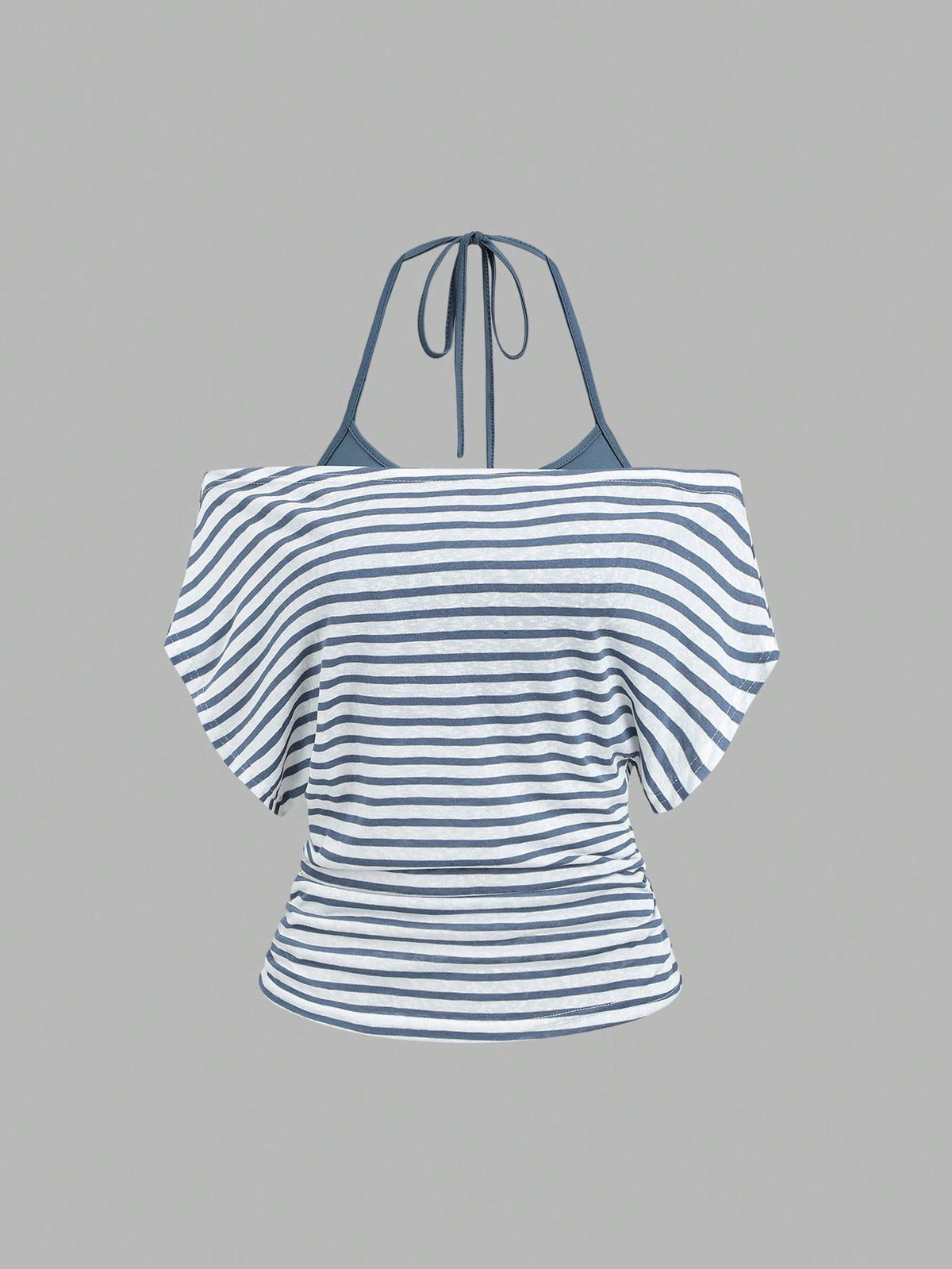 Women's striped tank top featuring an asymmetrical cold shoulder neckline and semi-sheer back.