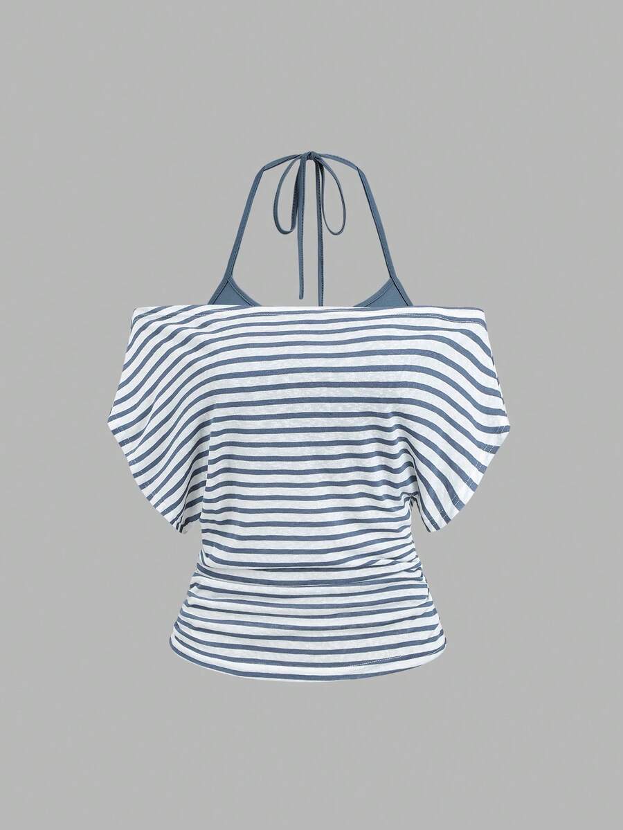 Women's striped tank top featuring an asymmetrical cold shoulder neckline and semi-sheer back.