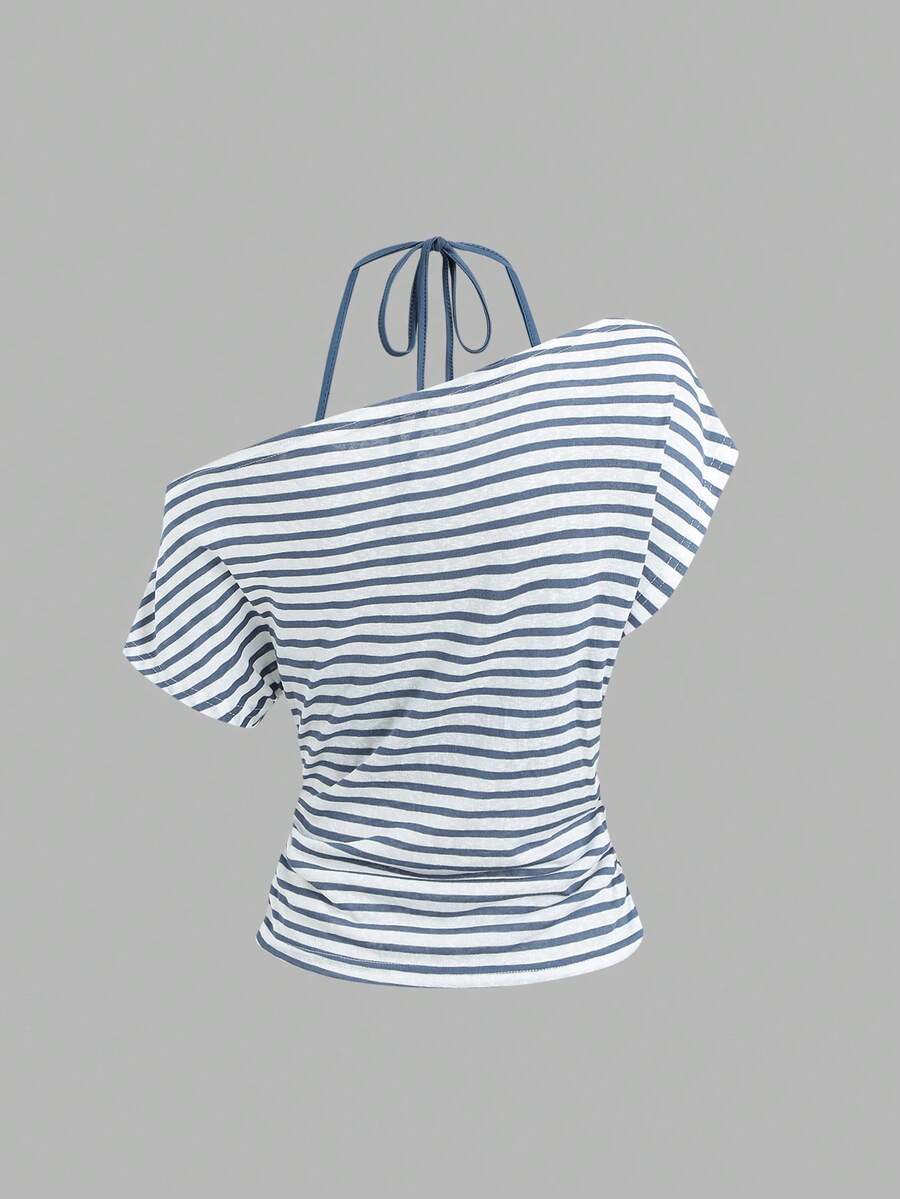 Women's striped tank top featuring an asymmetrical cold shoulder neckline and semi-sheer back.