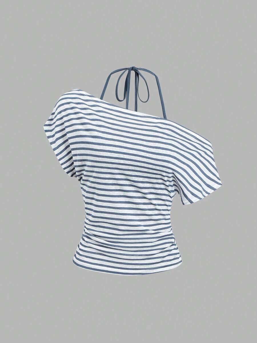 Women's striped tank top featuring an asymmetrical cold shoulder neckline and semi-sheer back.