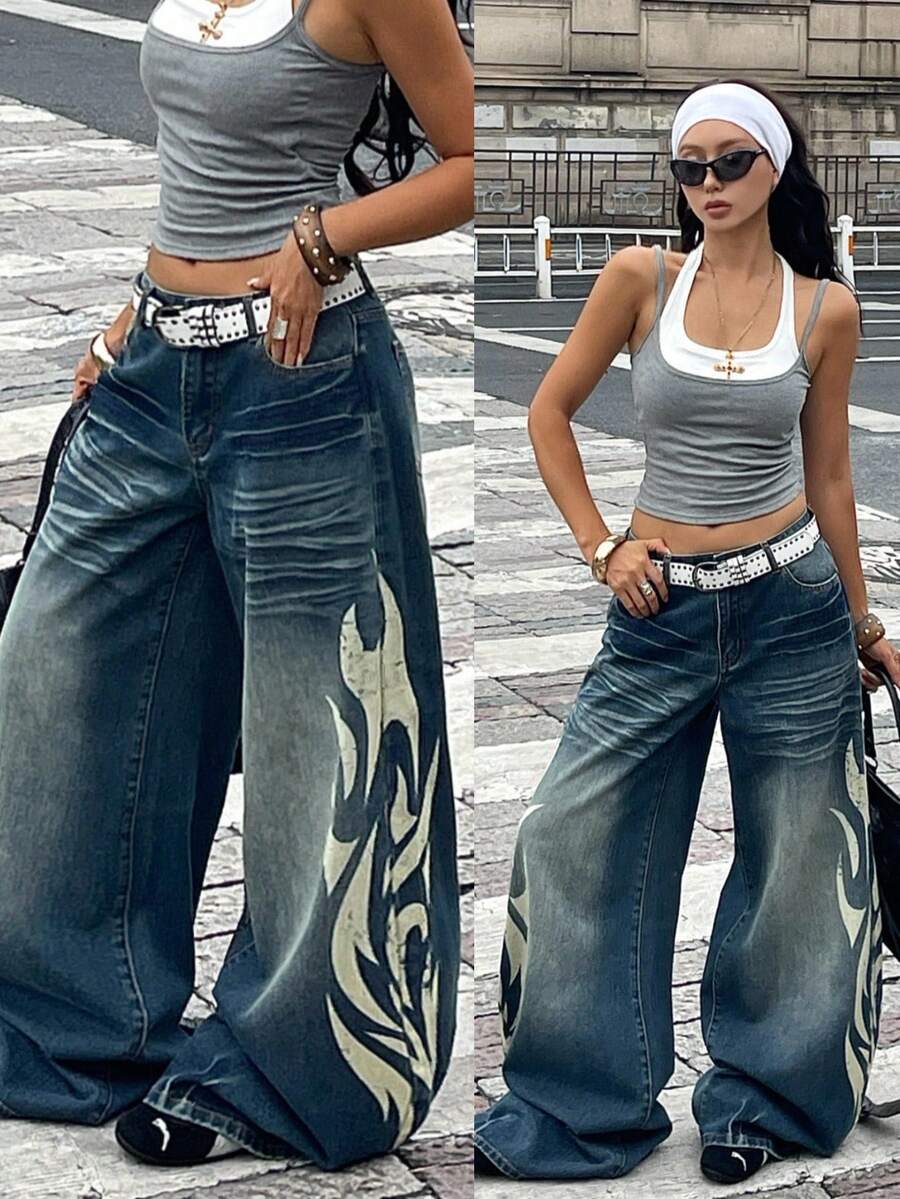 Women's loose wide-leg jeans in light wash denim with low waist and extra-long relaxed fit