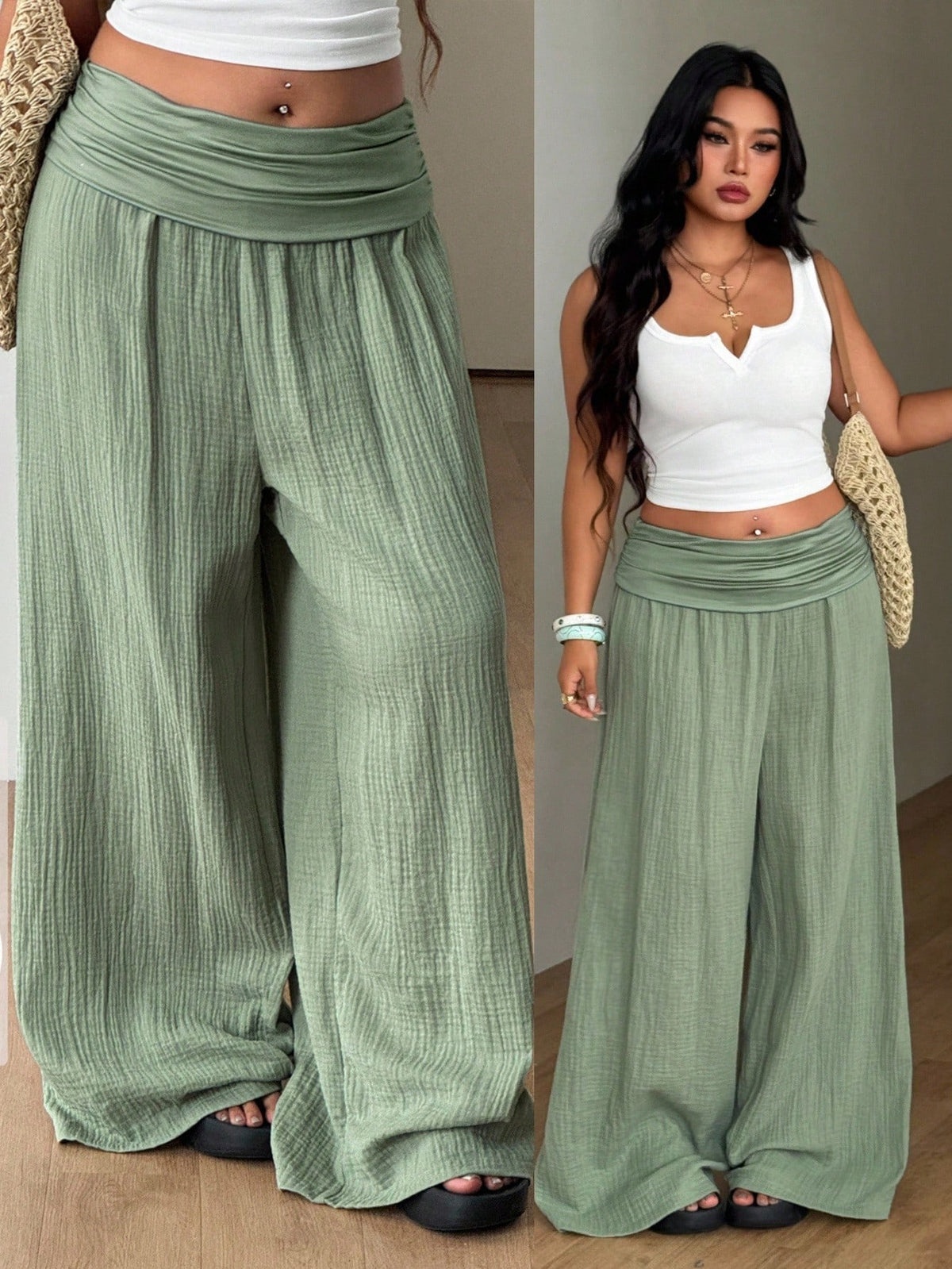 Women's plus size wide leg cotton pants featuring a relaxed loose fit and high waist design.