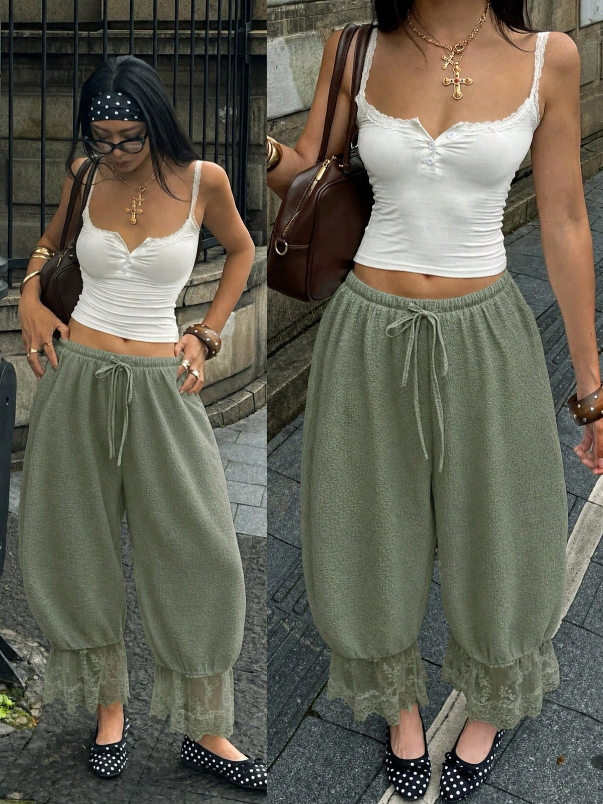 Women's loose-fitting lantern bloomer pants in capri length featuring delicate contrast lace trim and a drawstring waist.