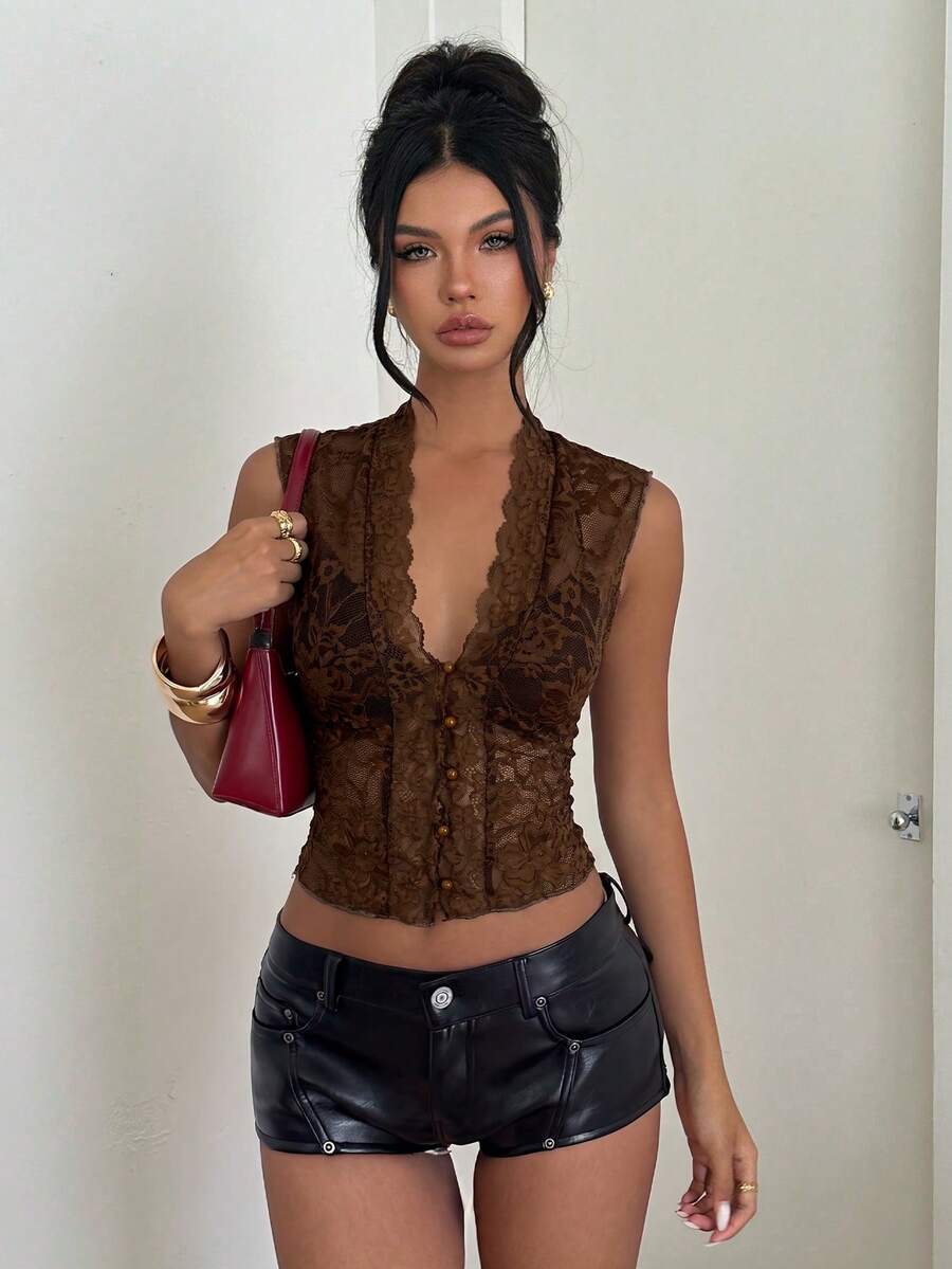 Women's lace print Y2K camisole tank top with slim fit, cardigan collar neckline, boned details, and asymmetrical hem.