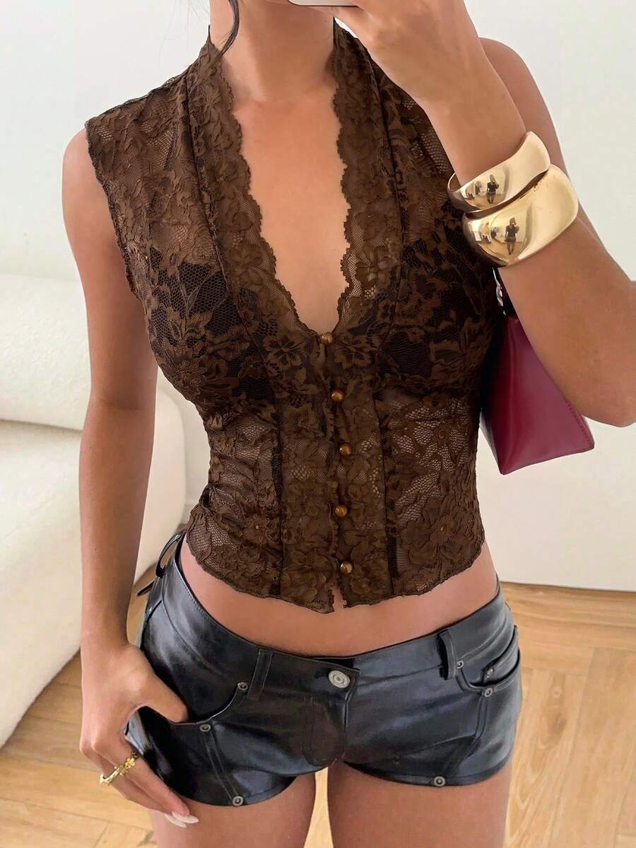 Women's lace print Y2K camisole tank top with slim fit, cardigan collar neckline, boned details, and asymmetrical hem.