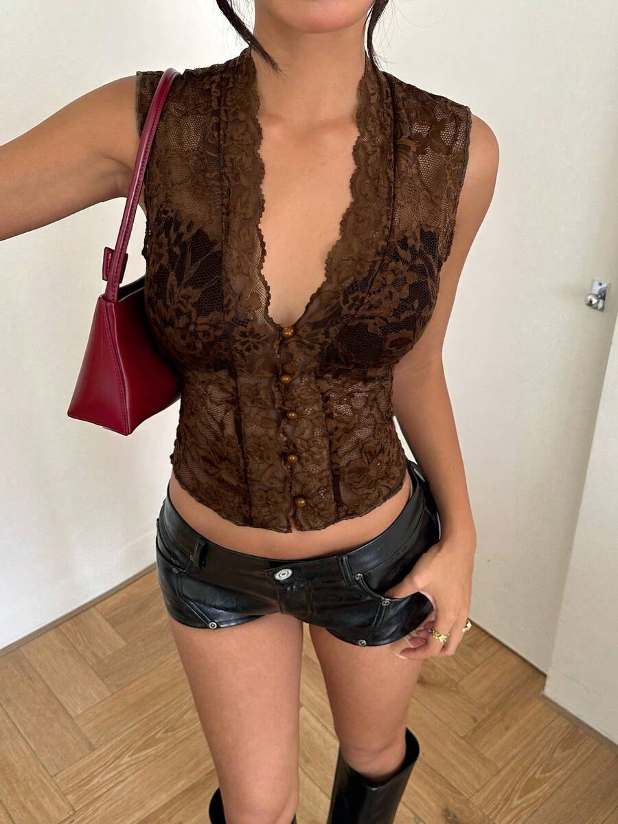 Women's lace print Y2K camisole tank top with slim fit, cardigan collar neckline, boned details, and asymmetrical hem.