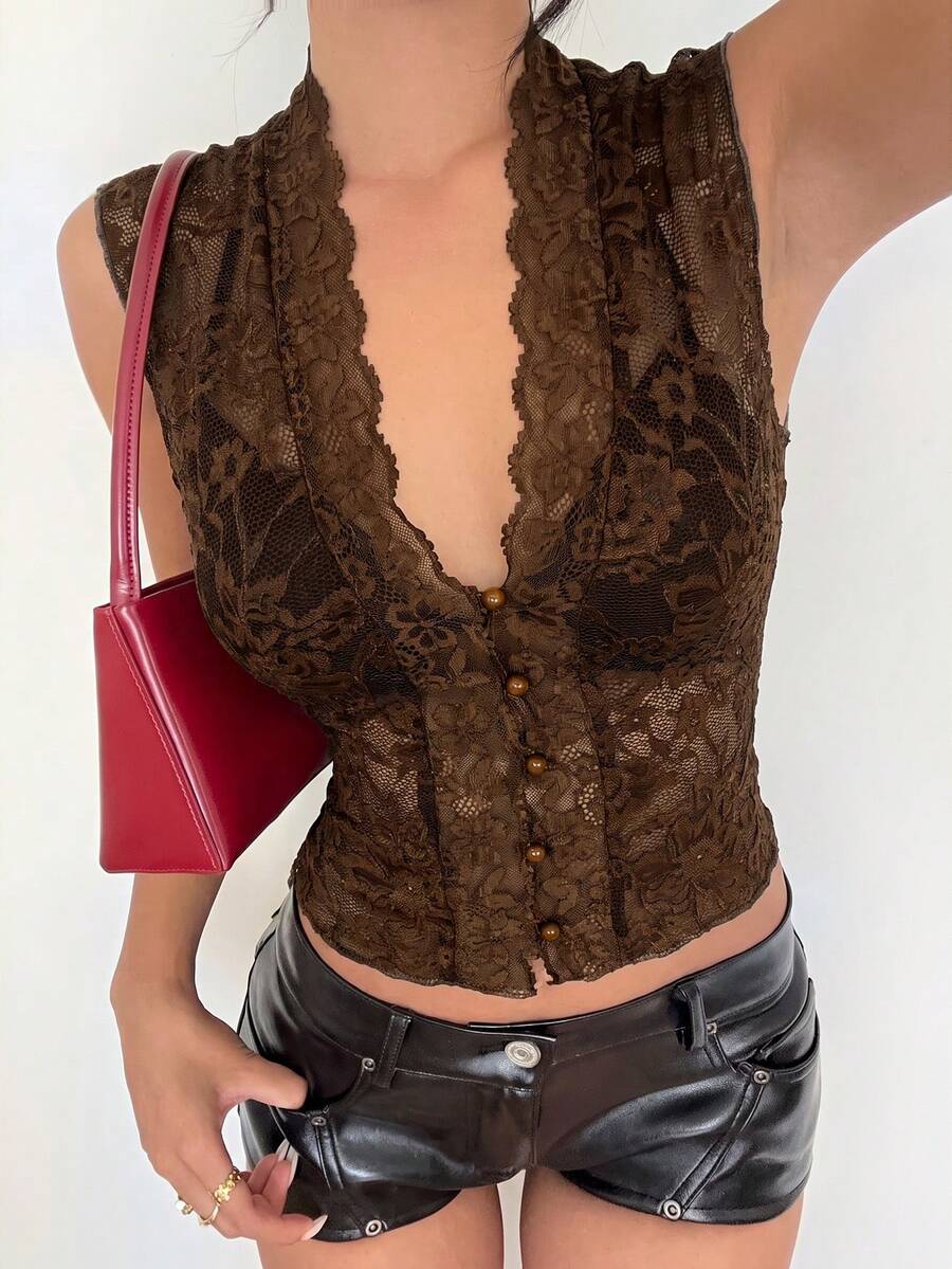 Women's lace print Y2K camisole tank top with slim fit, cardigan collar neckline, boned details, and asymmetrical hem.