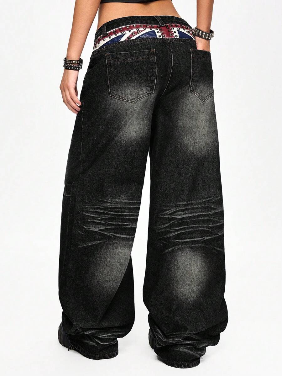 Women's low waist straight leg denim jeans with flag print and rivet accents in a loose baggy fit