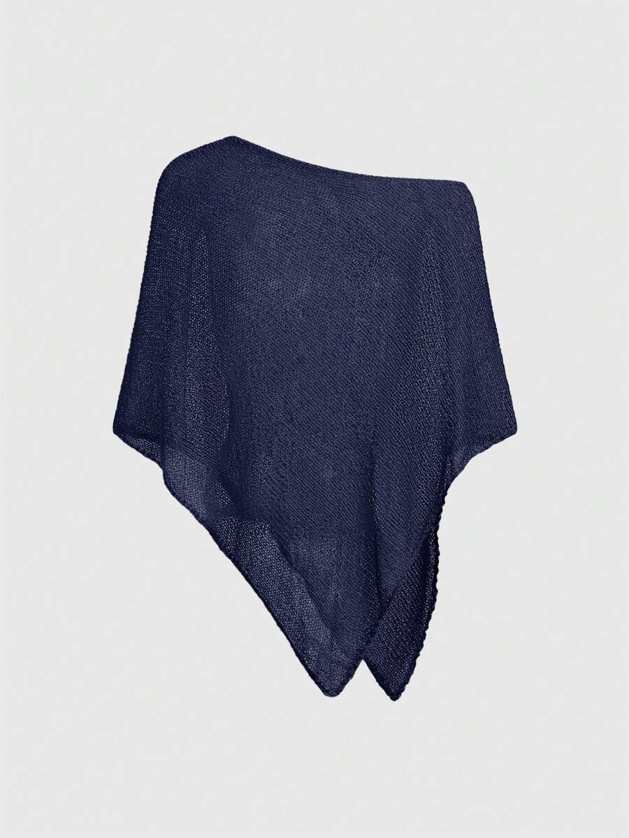 Women's casual hollow knit poncho top with boat neck, cloak sleeves, and asymmetrical hem