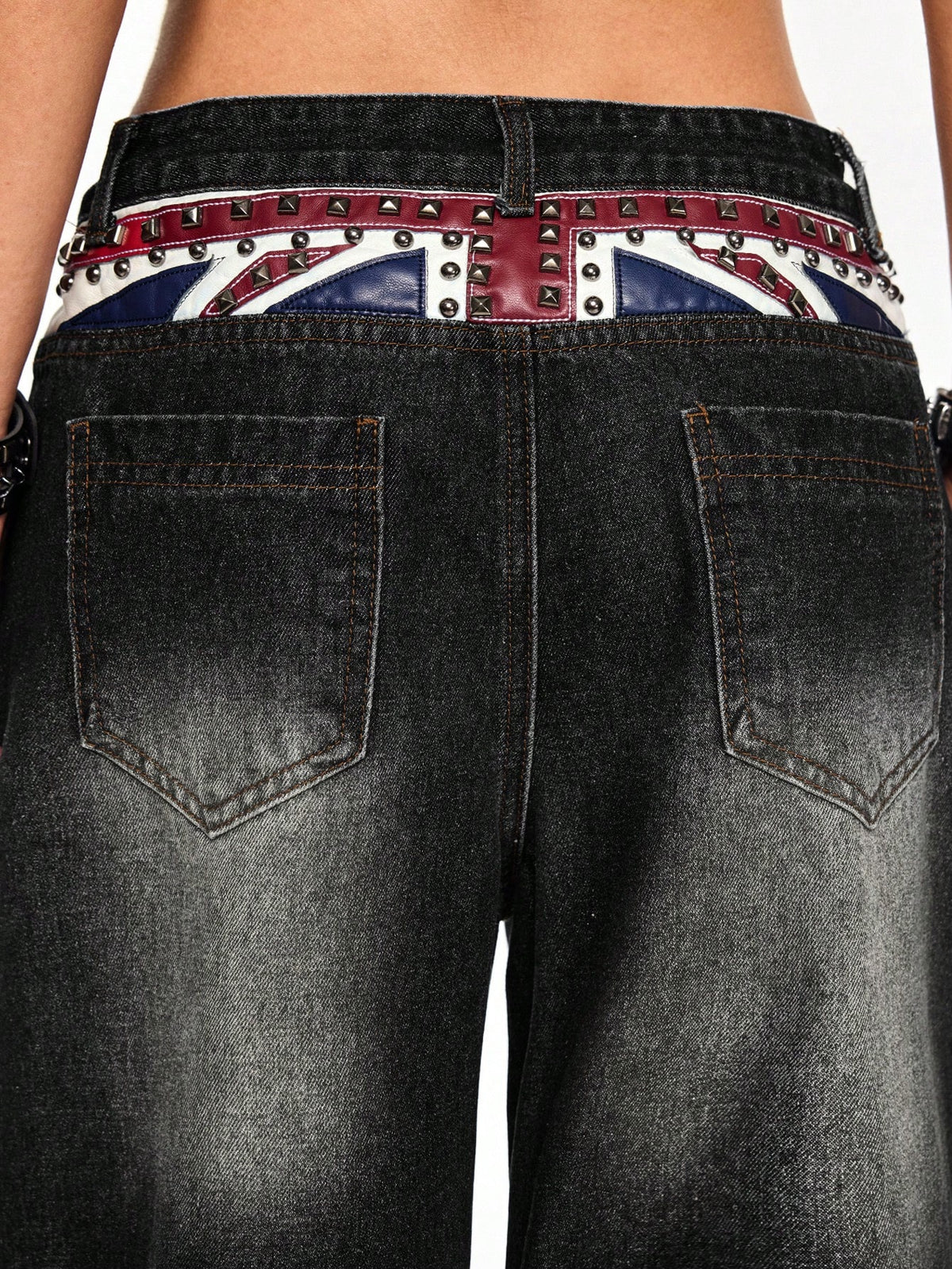 Women's low waist straight leg denim jeans with flag print and rivet accents in a loose baggy fit