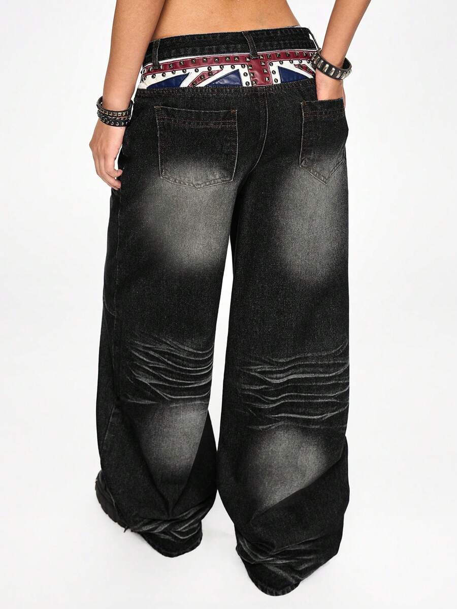 Women's low waist straight leg denim jeans with flag print and rivet accents in a loose baggy fit
