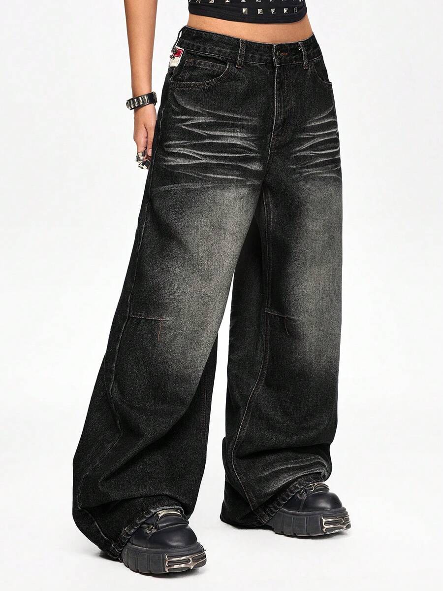 Women's low waist straight leg denim jeans with flag print and rivet accents in a loose baggy fit