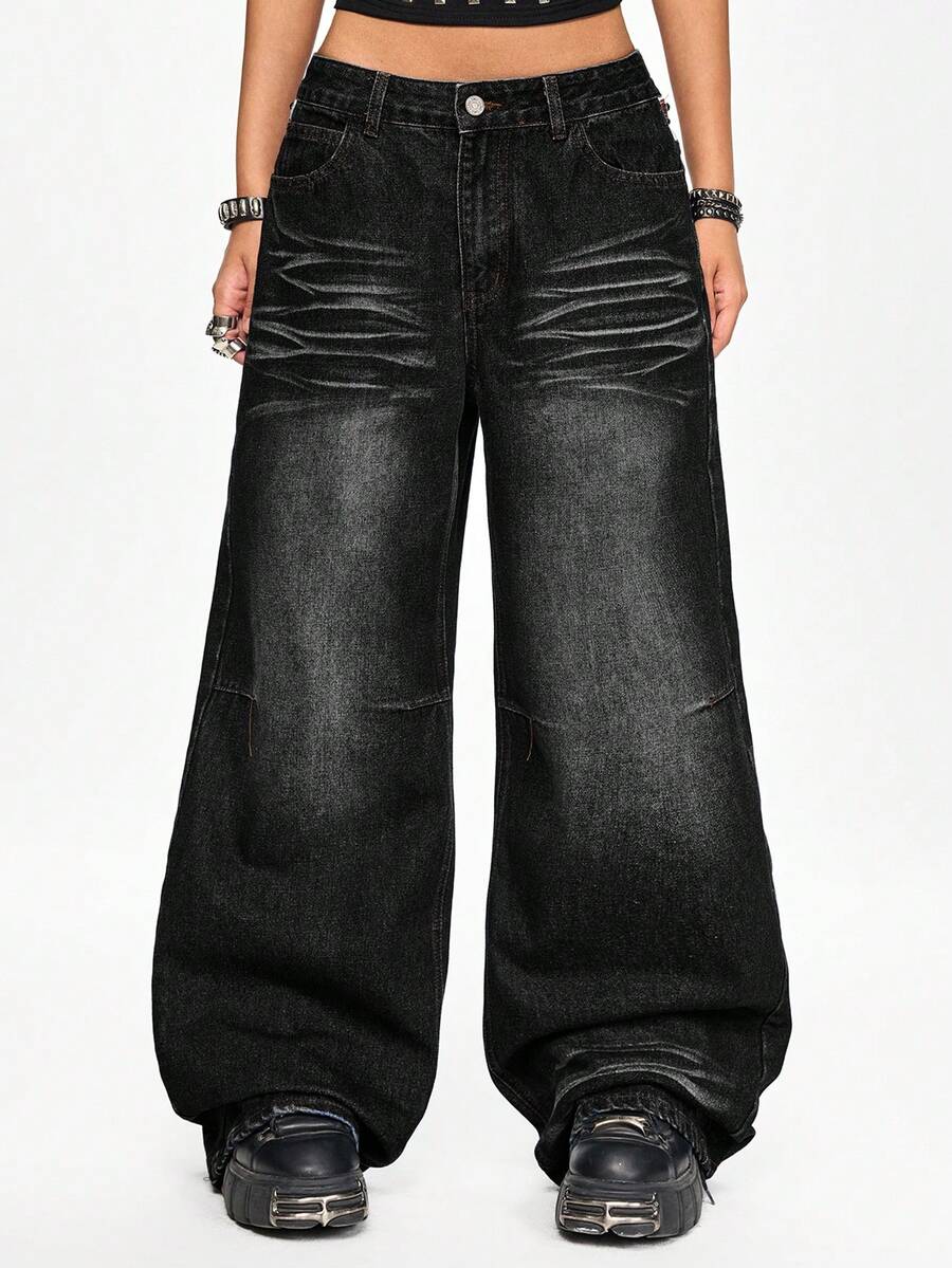 Women's low waist straight leg denim jeans with flag print and rivet accents in a loose baggy fit