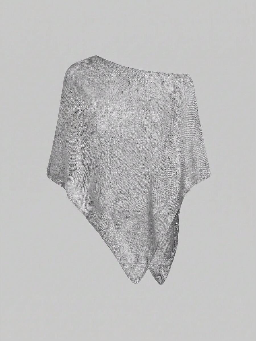 Women's casual hollow knit poncho top with boat neck, cloak sleeves, and asymmetrical hem