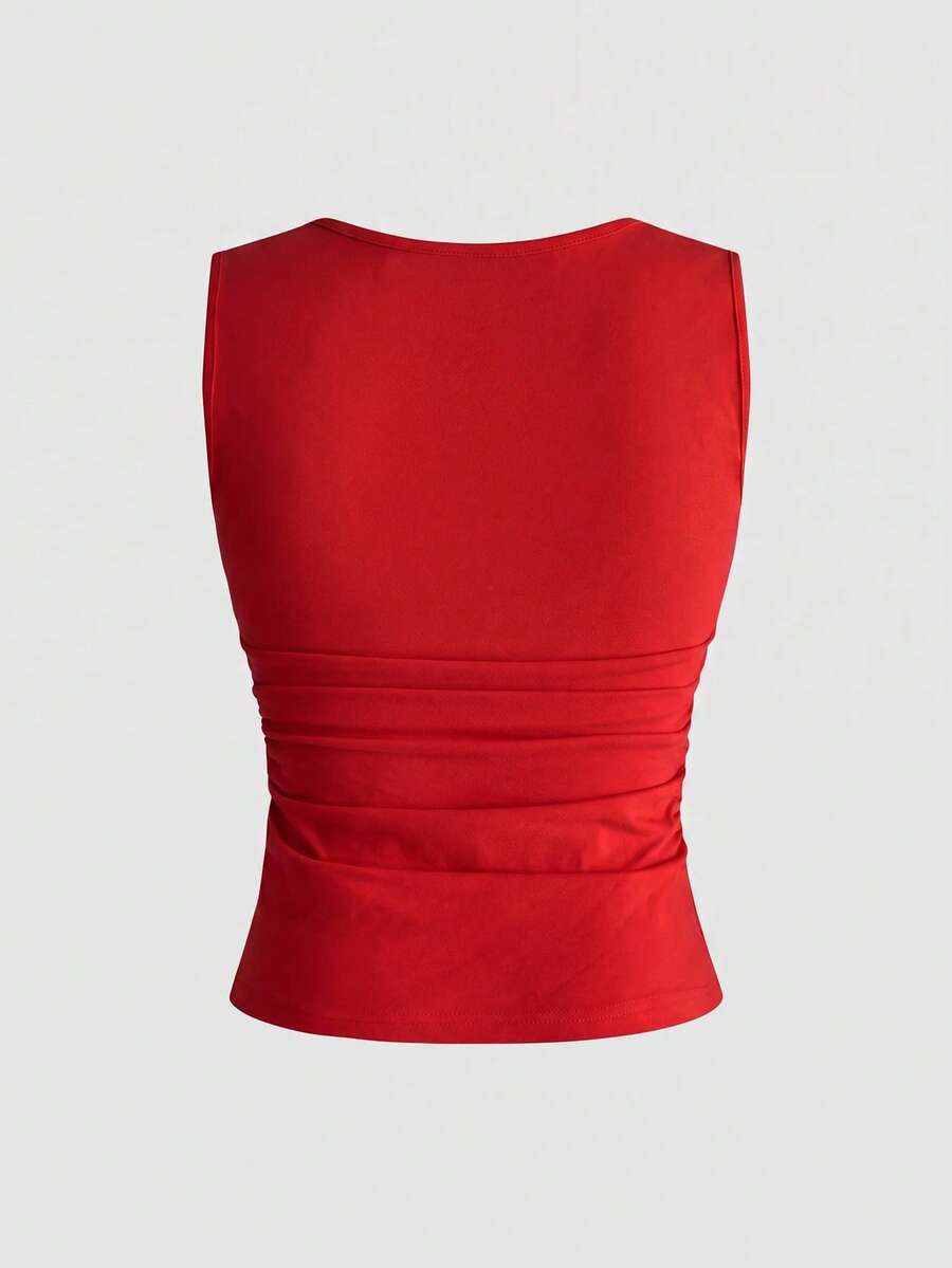 Fitted women's ruched tank top in stretch cotton knit featuring a square neckline and letter print pattern.