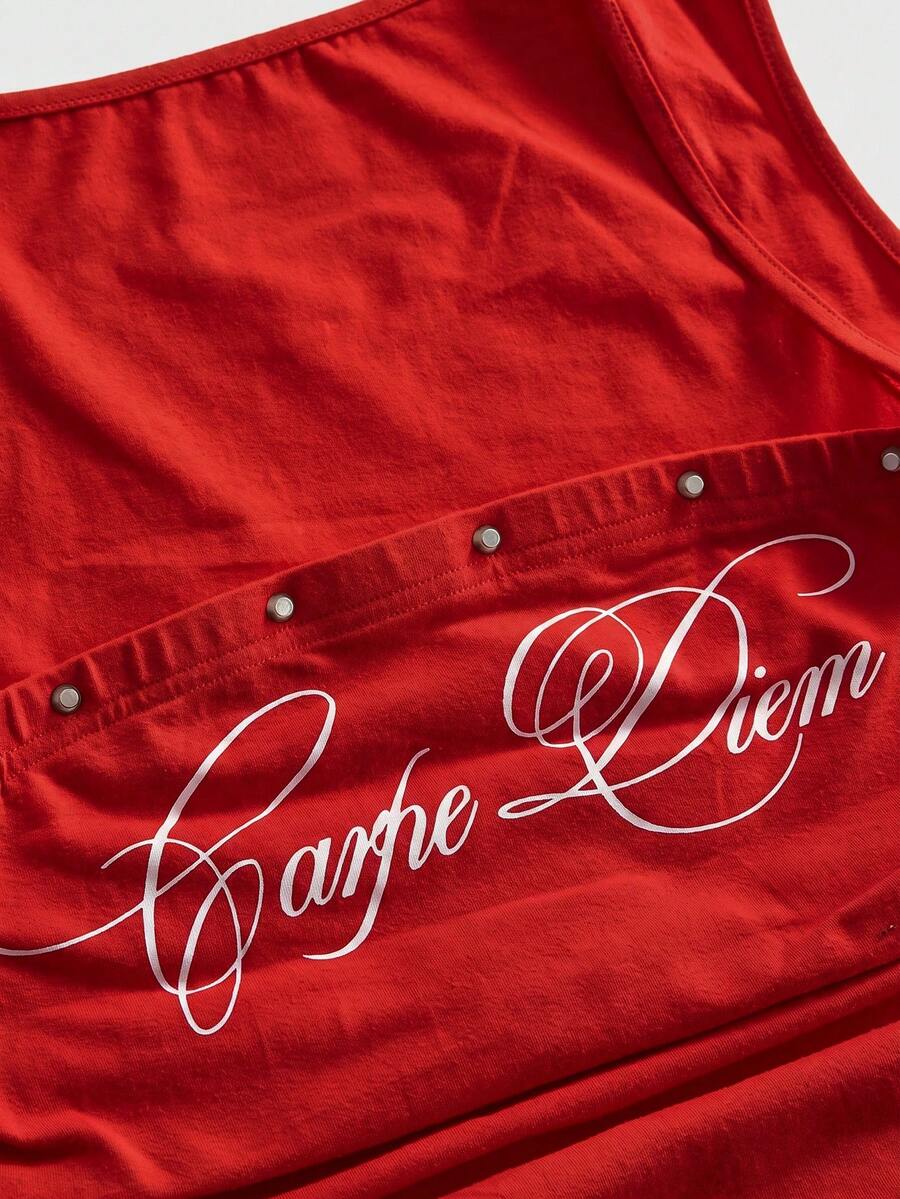 Fitted women's ruched tank top in stretch cotton knit featuring a square neckline and letter print pattern.