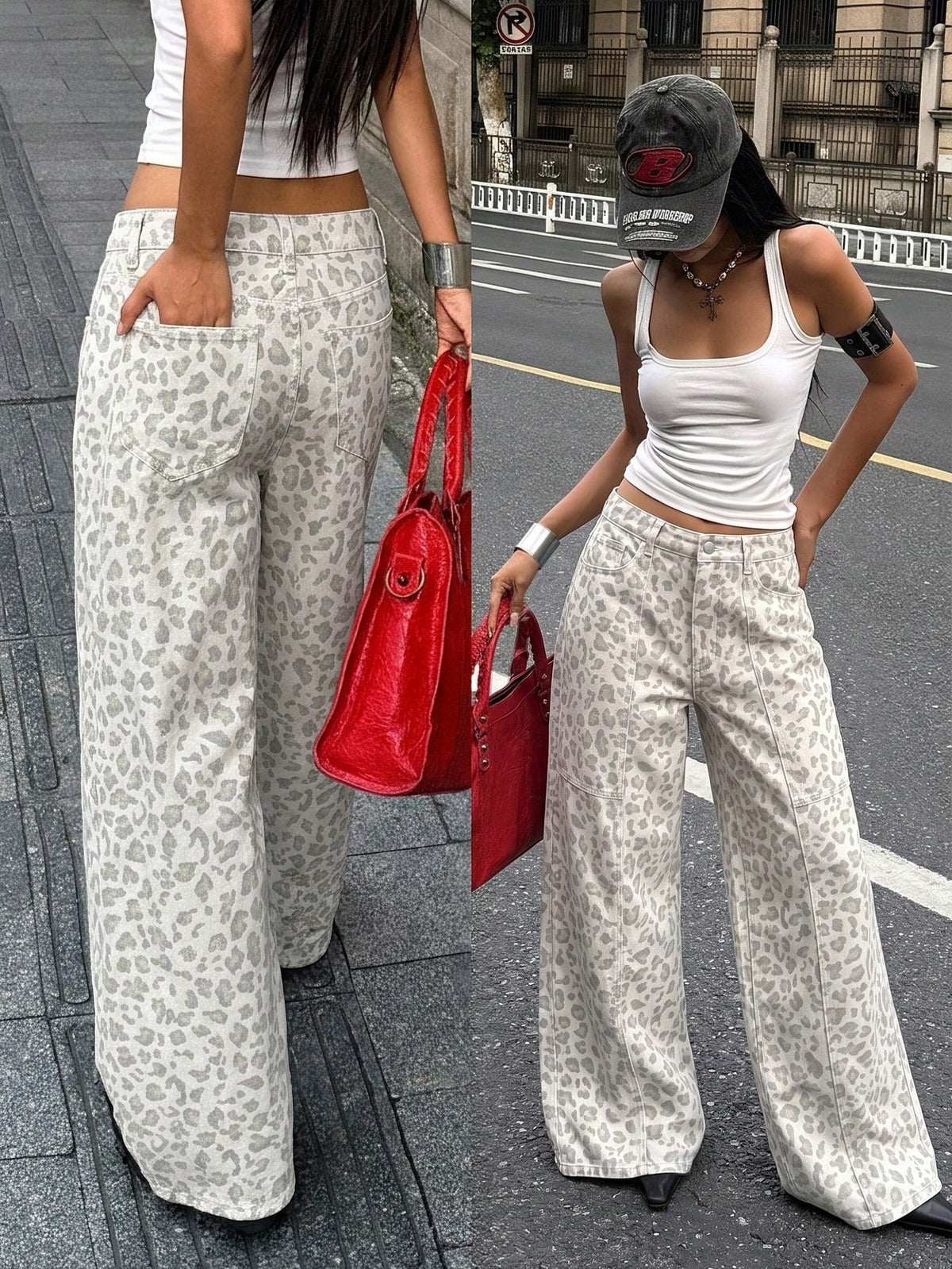 Front view of women's loose wide leg denim jeans featuring a mid waist, classic front pockets, and a zipper fly closure.