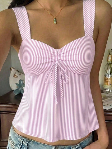 Women's striped camisole tank top with strap neckline, backless knot detail, cold shoulder styling, slim fit, and flared hem for casual vacation or daily wear.