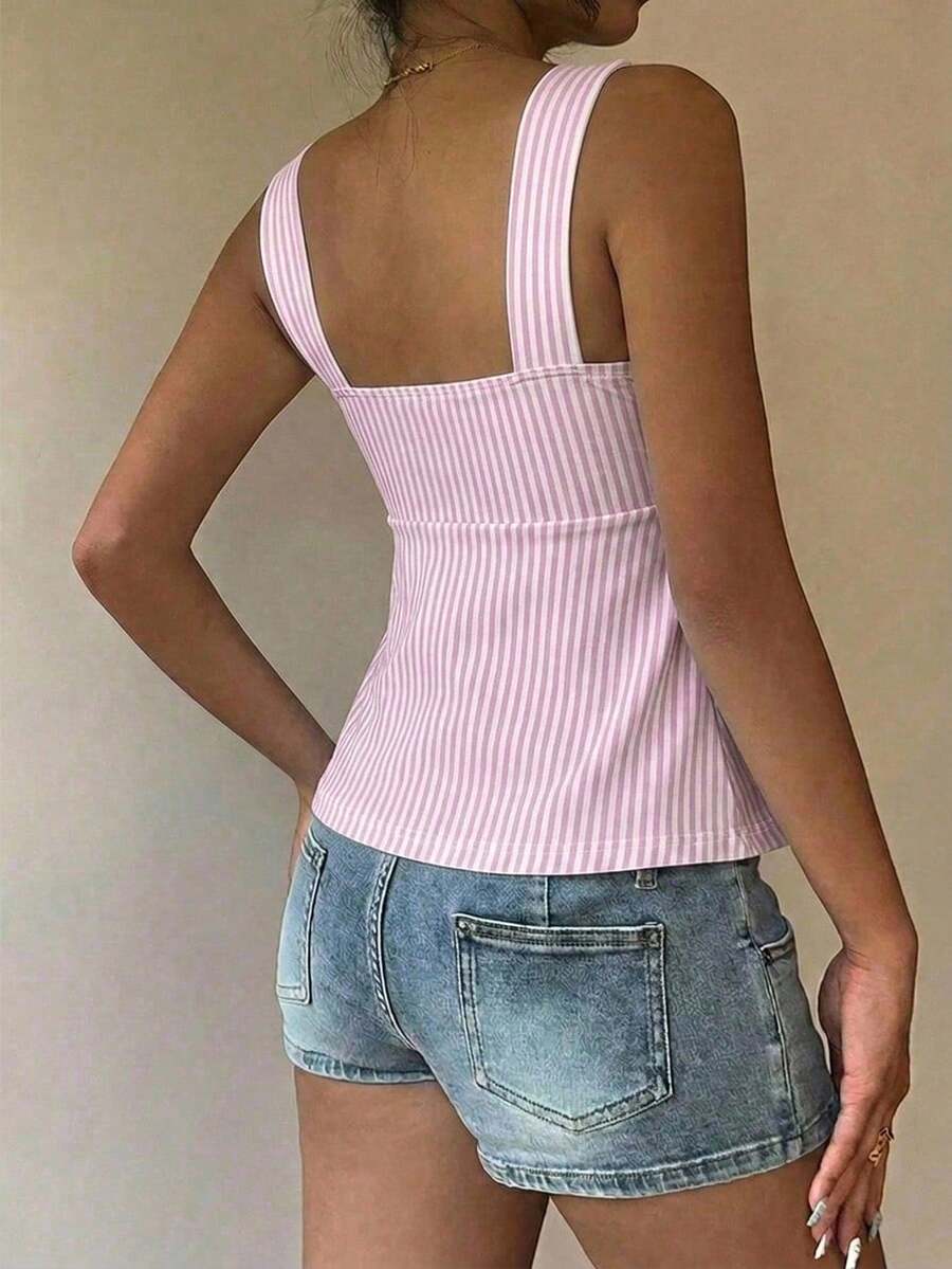 Women's striped camisole tank top with strap neckline, backless knot detail, cold shoulder styling, slim fit, and flared hem for casual vacation or daily wear.
