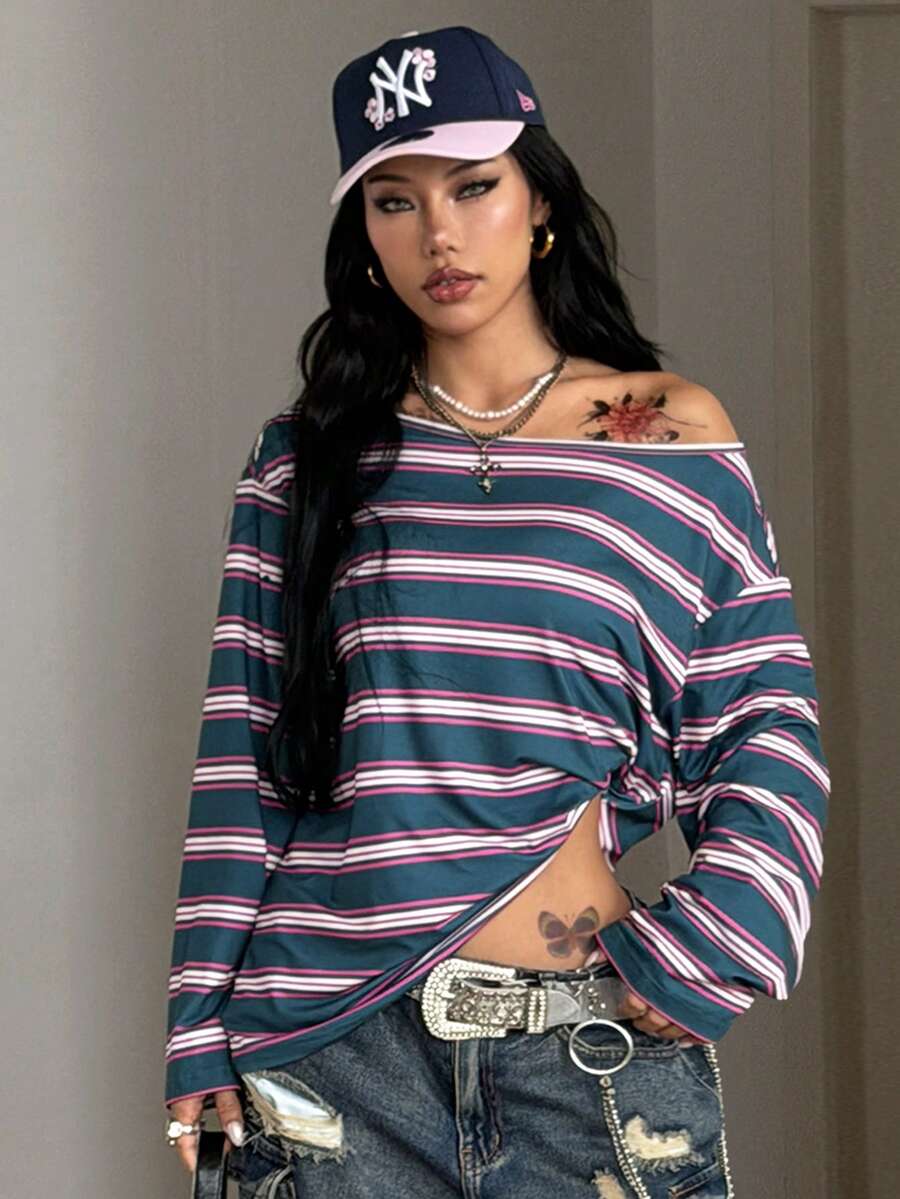 Women's brown striped boat neck long sleeve raglan T-shirt with a loose casual fit