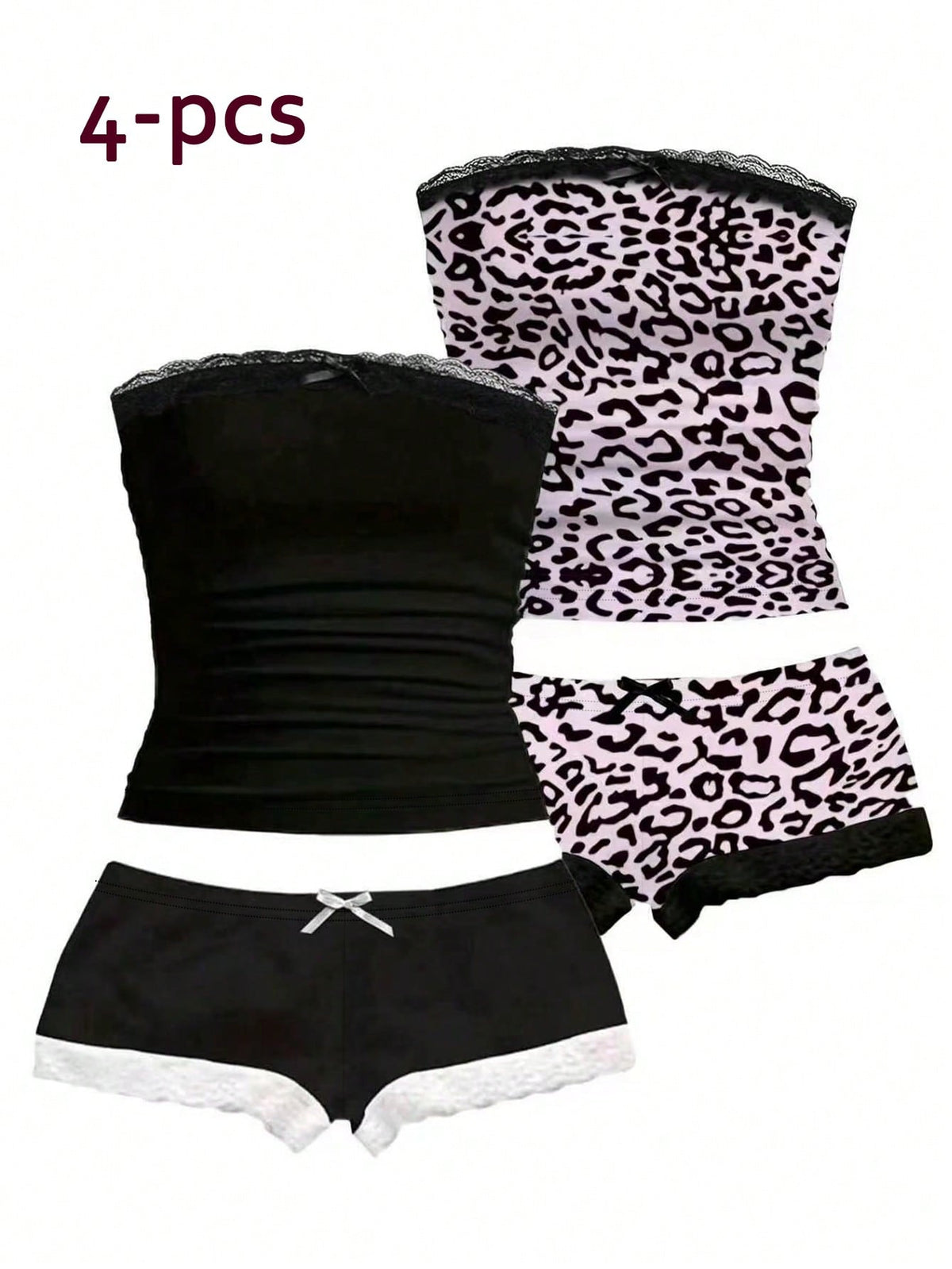 Women's contrast lace strapless camisole and shorts two-piece outfit with ruffle detail and slim fit styling