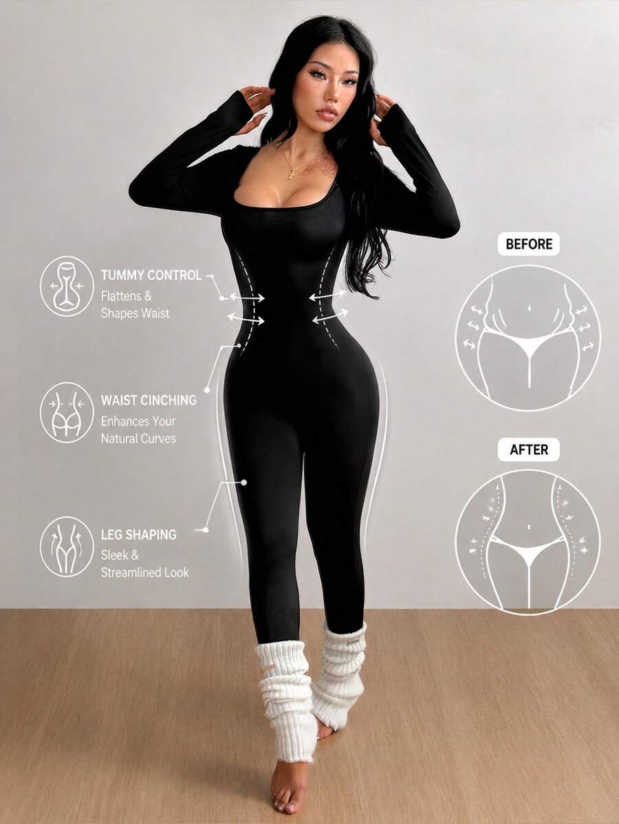 Black square neck long sleeve sport jumpsuit in rib-knit fabric with slim fit unitard silhouette for women.