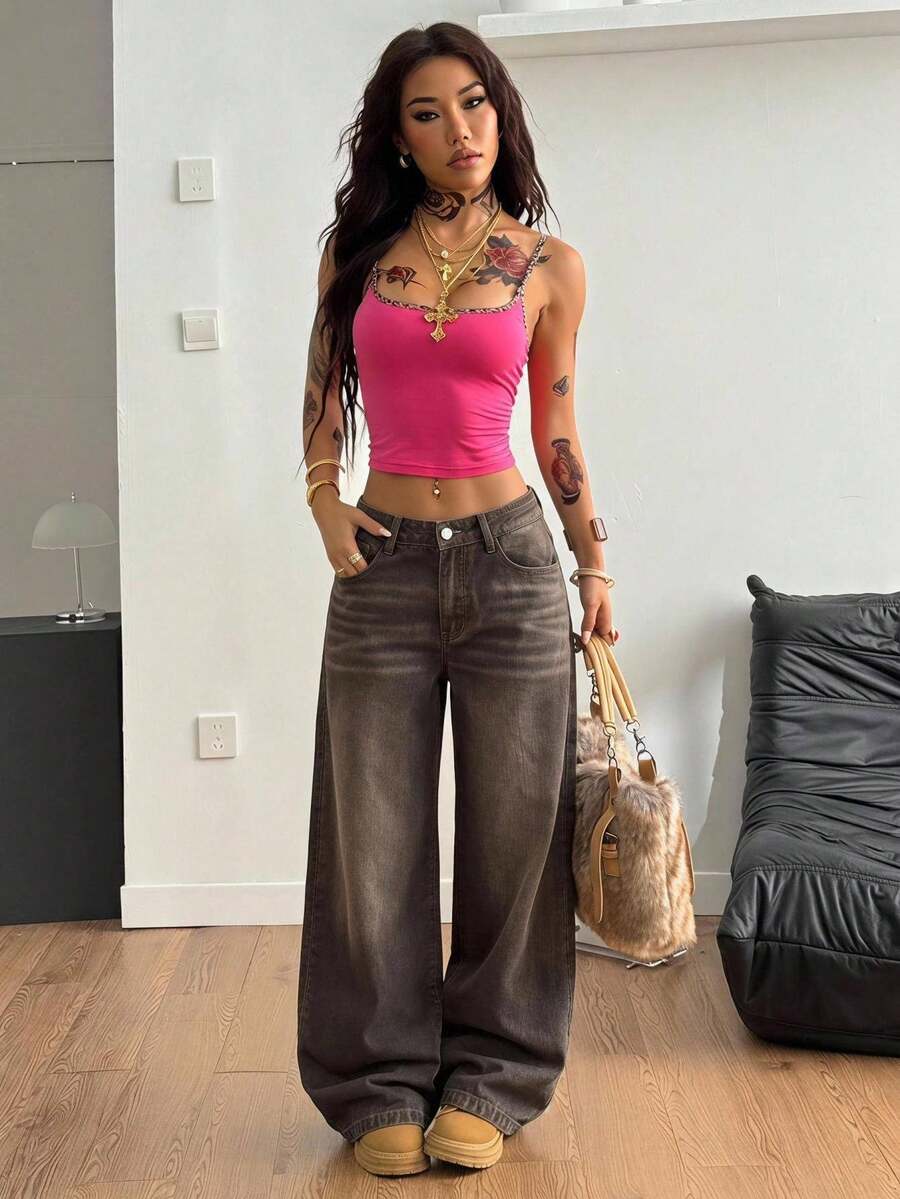 Women's graphic crop cami top with spaghetti straps and rhinestone detailing in soft knitted fabric