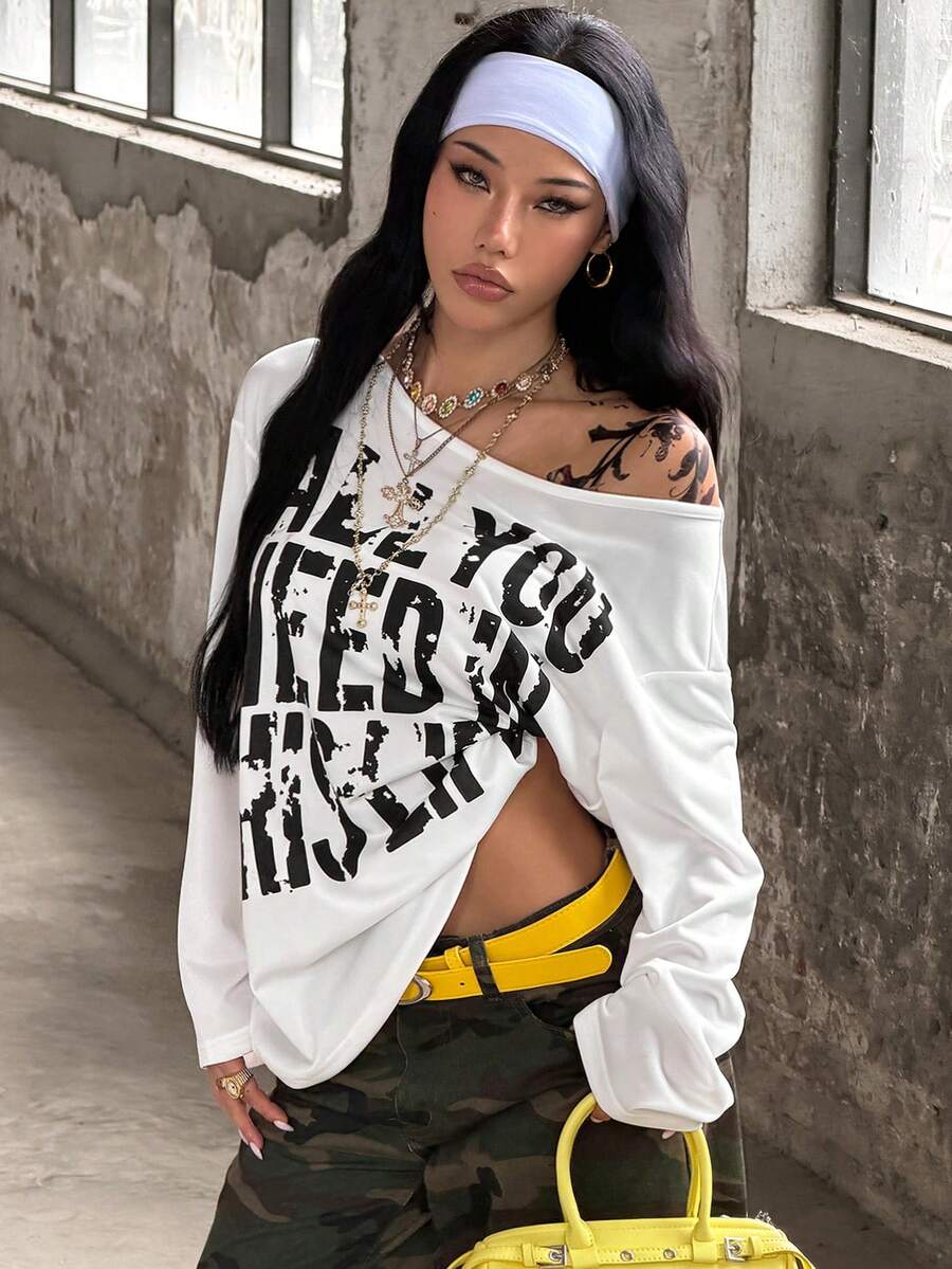 Women's brown striped boat neck long sleeve raglan T-shirt with a loose casual fit
