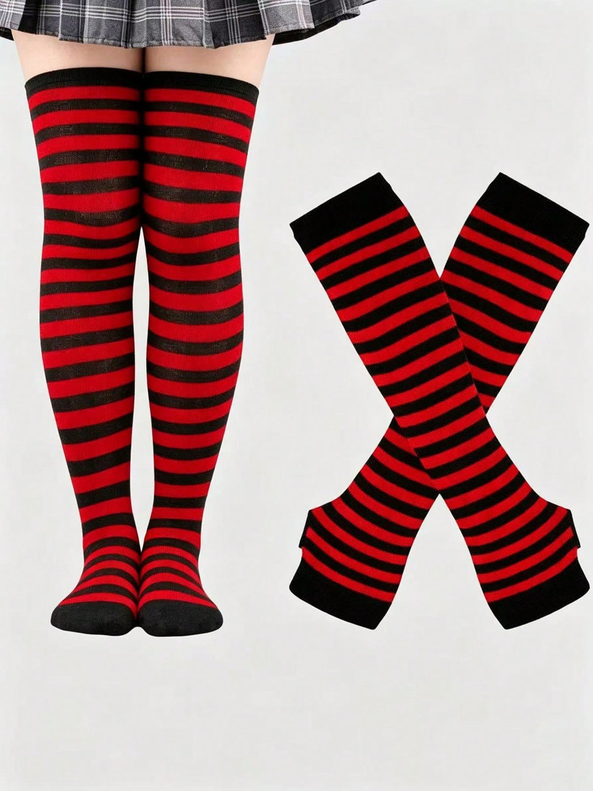 Women's striped rib-knit over-the-knee socks and matching arm guards set