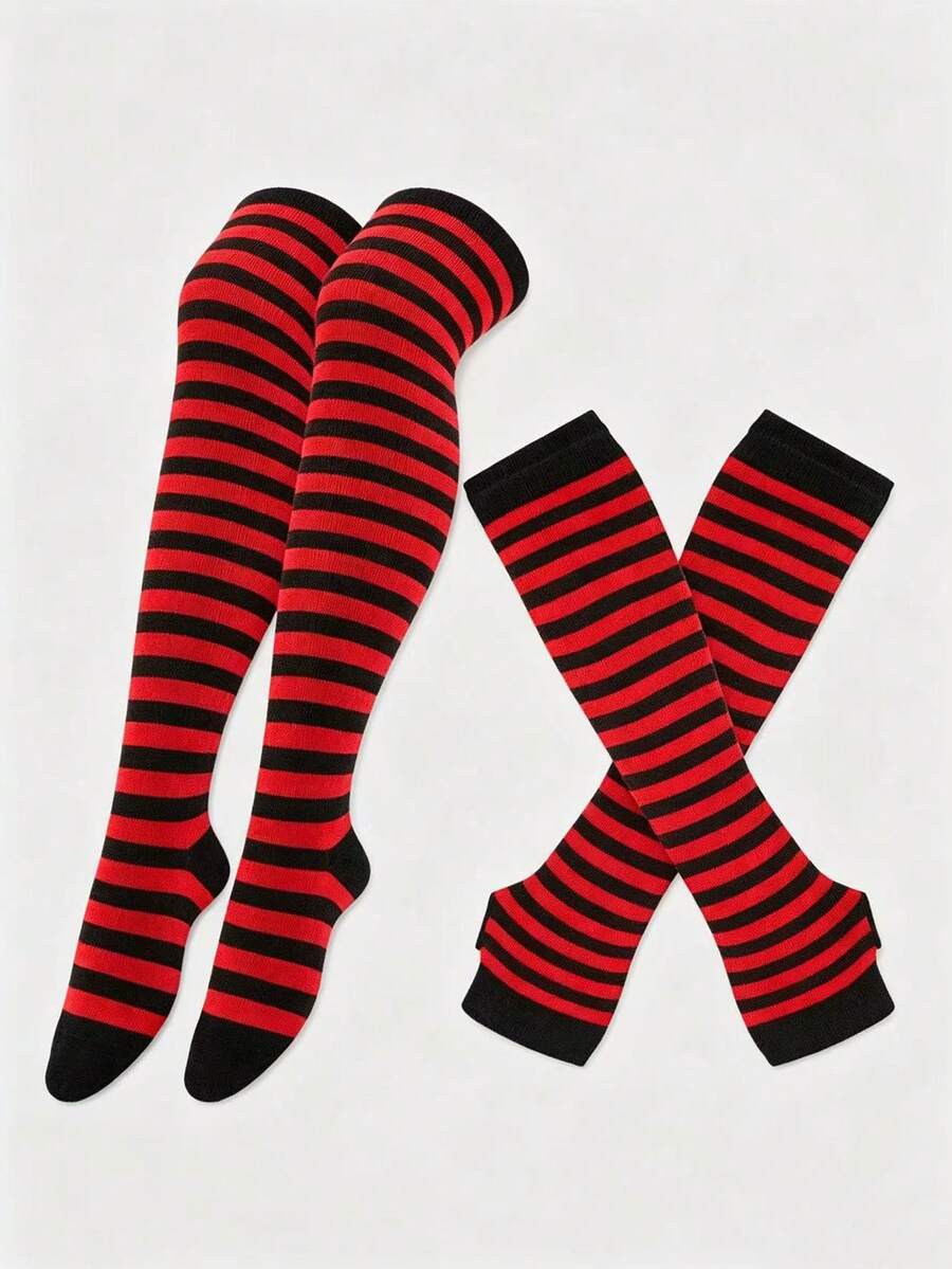 Women's striped rib-knit over-the-knee socks and matching arm guards set