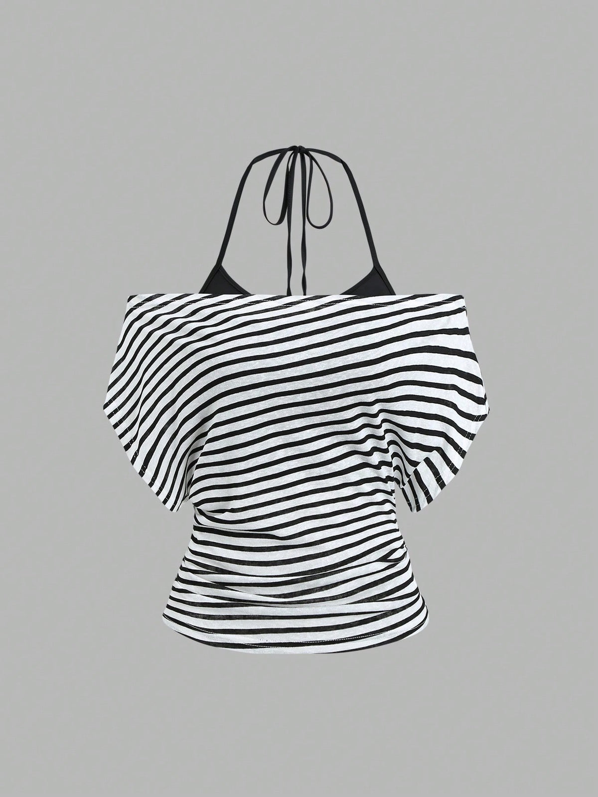 Women's striped tank top featuring an asymmetrical cold shoulder neckline and semi-sheer back.