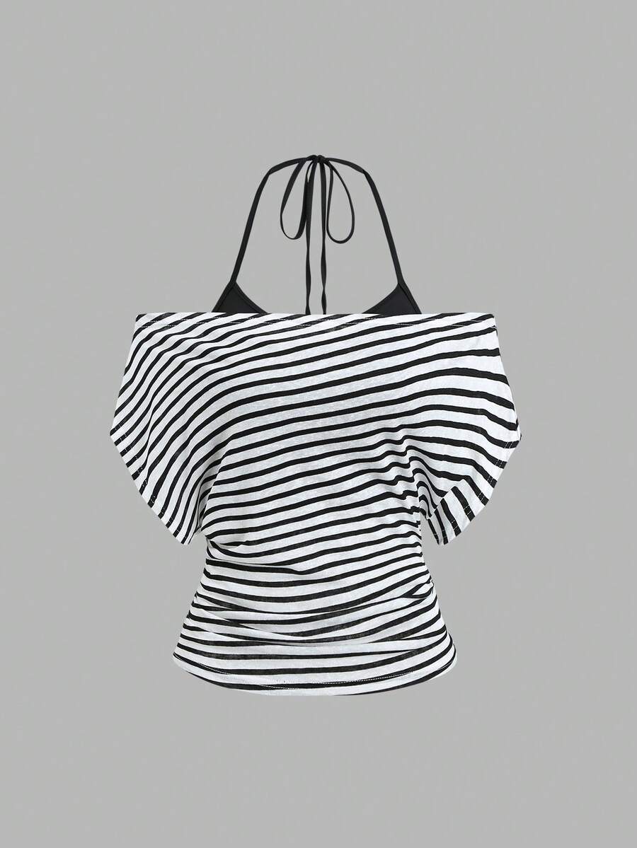 Women's striped tank top featuring an asymmetrical cold shoulder neckline and semi-sheer back.