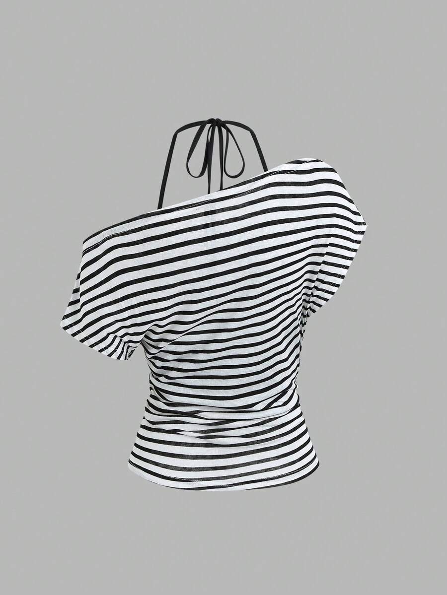 Women's striped tank top featuring an asymmetrical cold shoulder neckline and semi-sheer back.