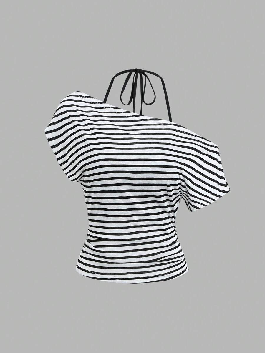 Women's striped tank top featuring an asymmetrical cold shoulder neckline and semi-sheer back.