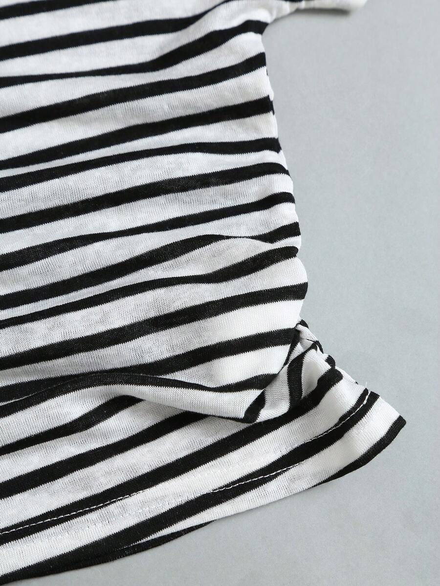 Women's striped tank top featuring an asymmetrical cold shoulder neckline and semi-sheer back.