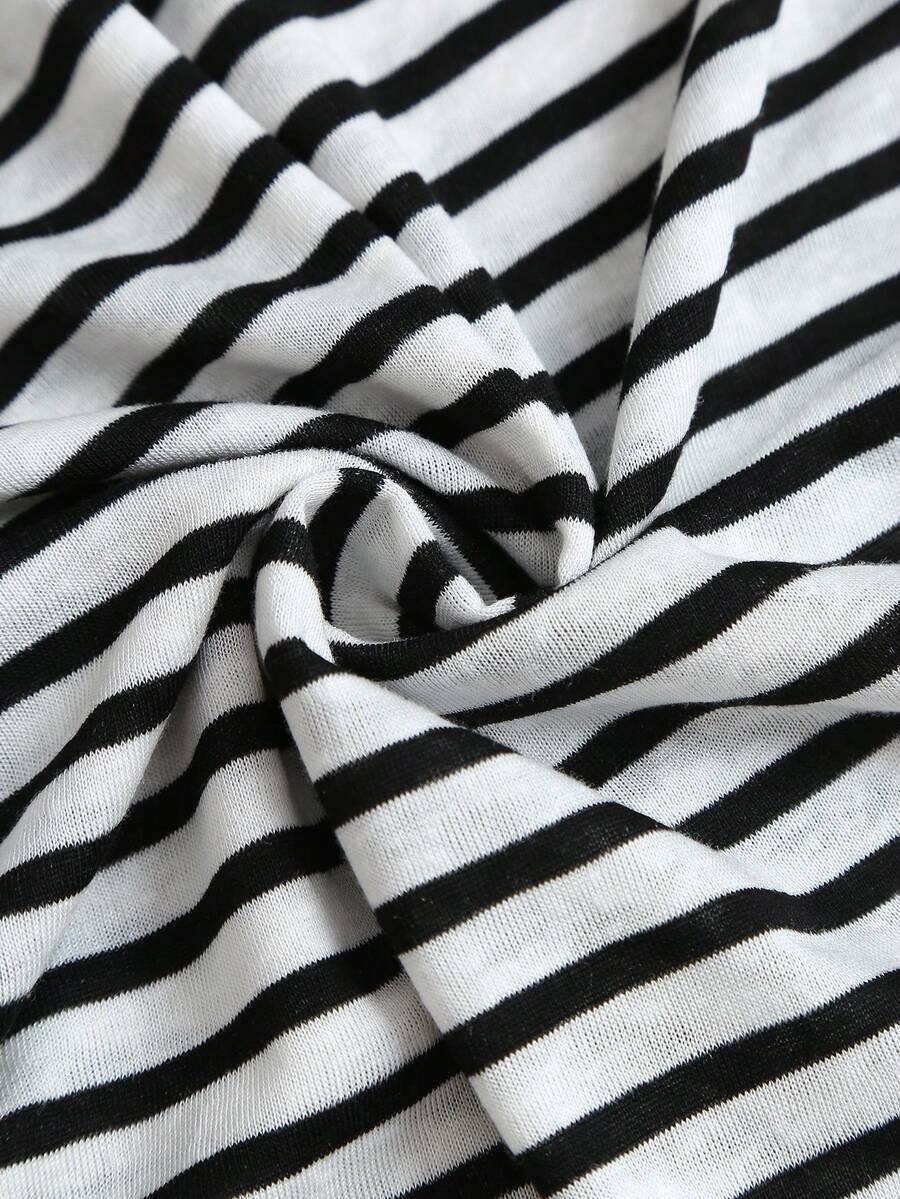 Women's striped tank top featuring an asymmetrical cold shoulder neckline and semi-sheer back.