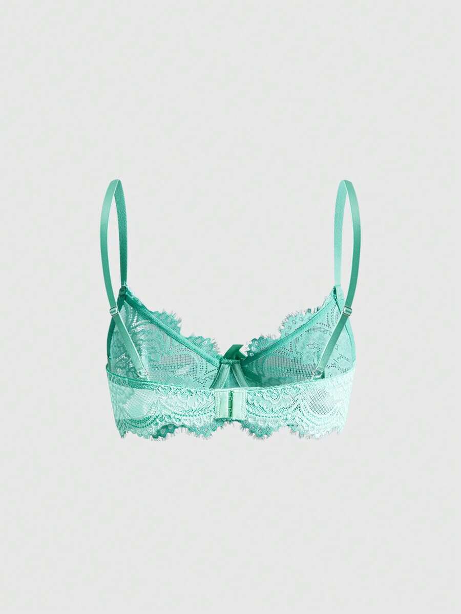 Sheer floral lace underwire triangle bra for women featuring adjustable straps and plunge cup design.